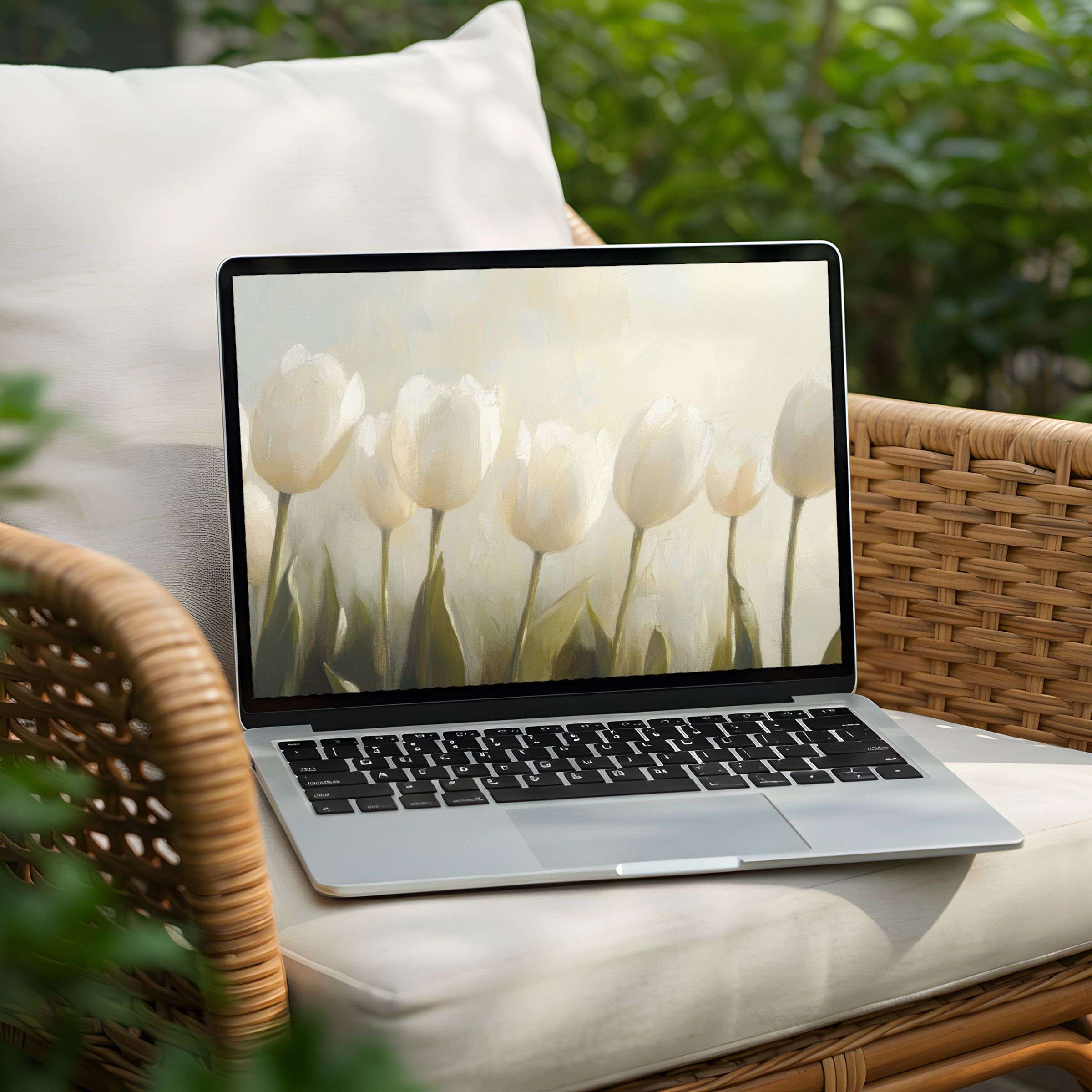 Elegant white tulip art desktop background for PC and Laptop brings calm and inspiration with instant download option