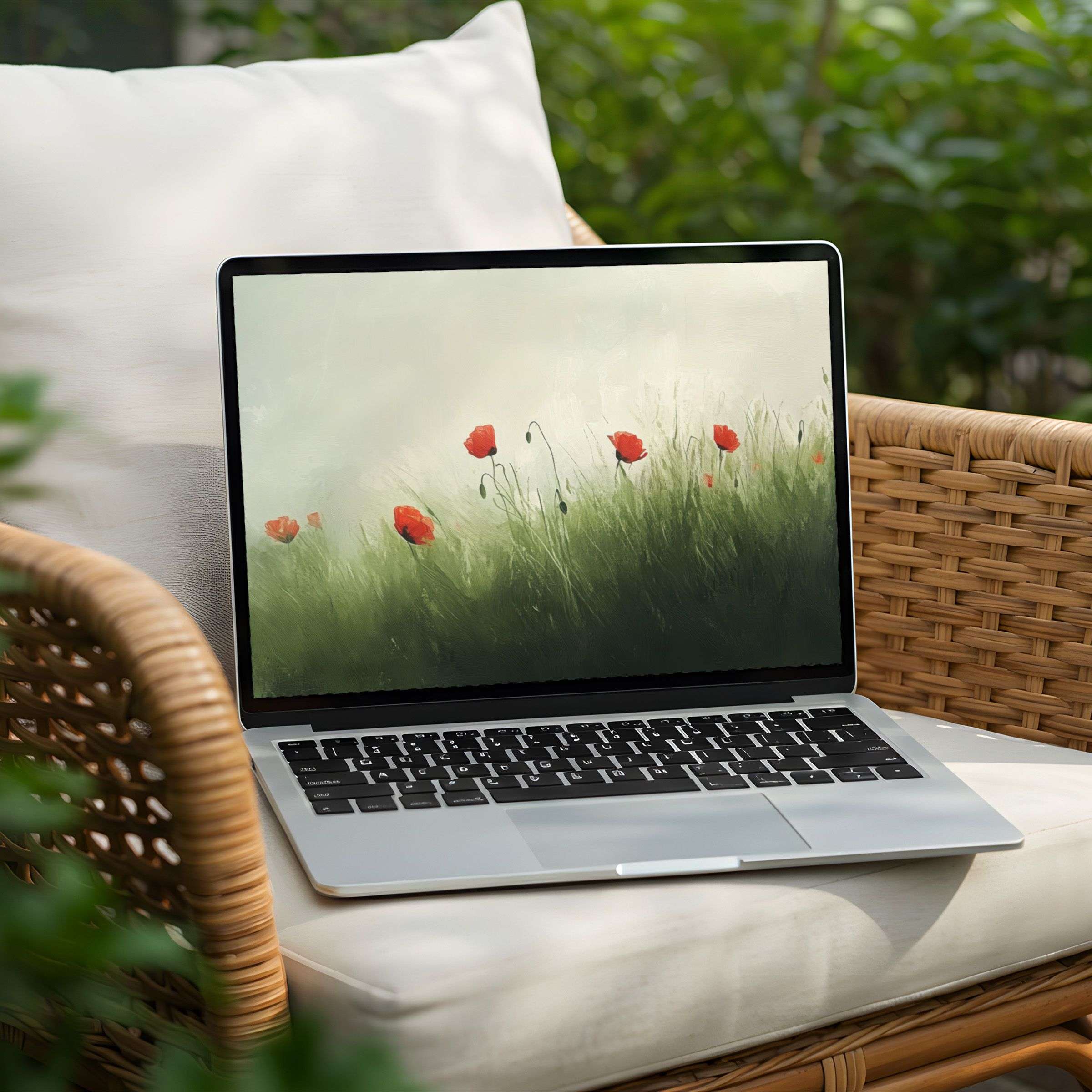 Elegant poppy field art on laptop offers a calming desktop background for PC and laptop users seeking instant download inspiration