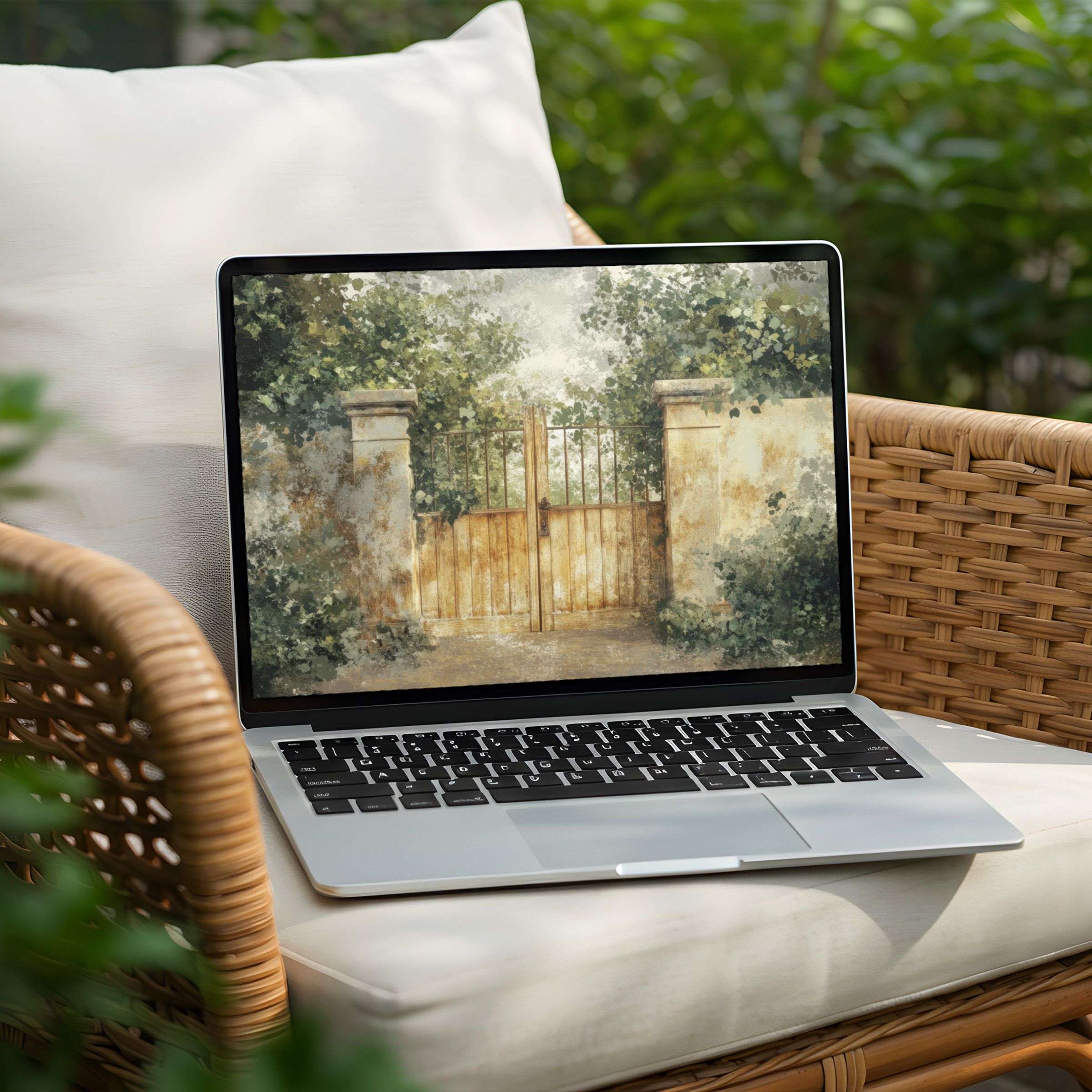 Elegant desktop background featuring serene garden gate art for PC or Laptop instant download to inspire calm mindfulness