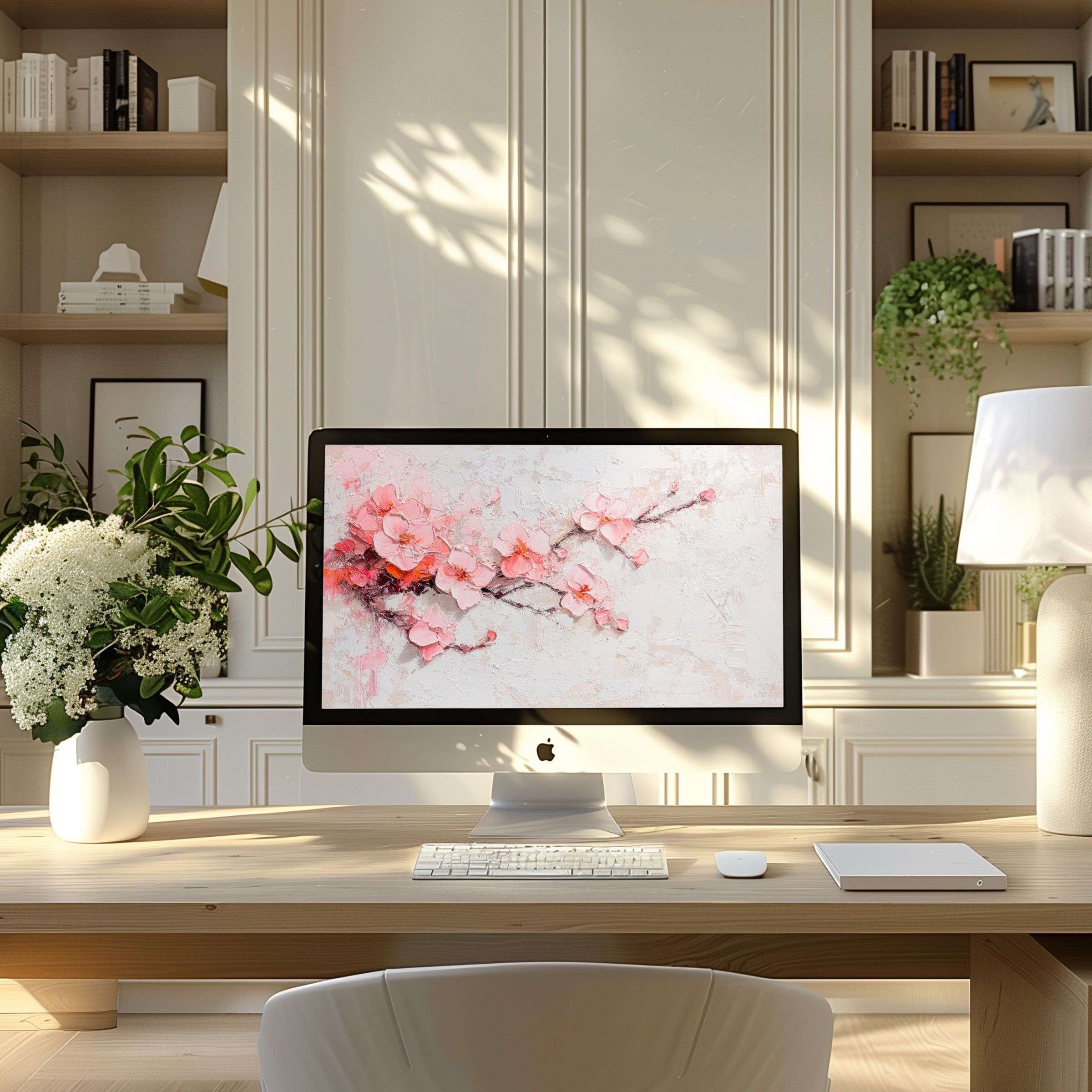Elegant cherry blossom design as a wallpaper for computer, perfect for PC or Laptop in a calm, modern home office setting