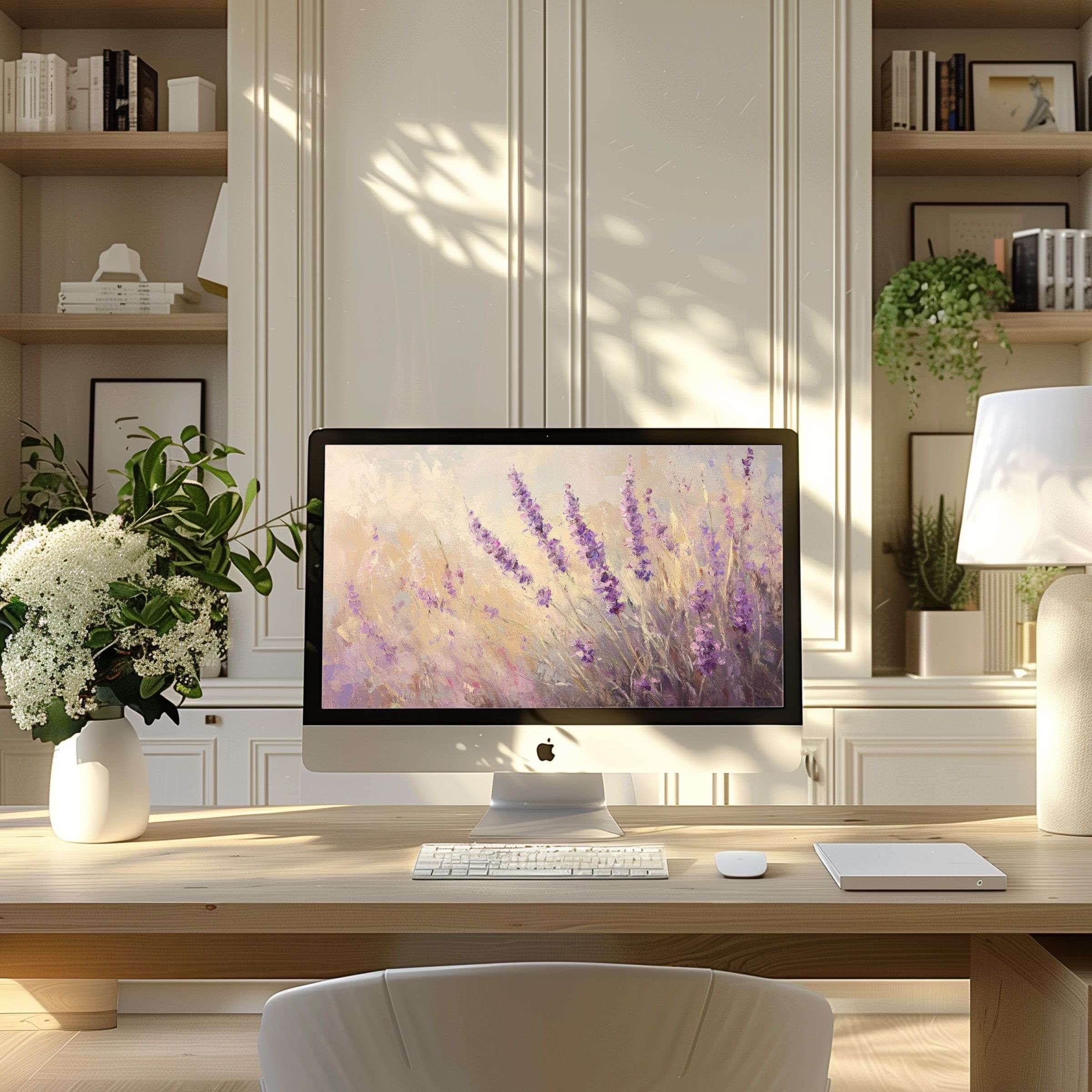 Lavender field wallpaper for computer adds calm elegance to a modern home office setting, perfect for PC or laptop screens