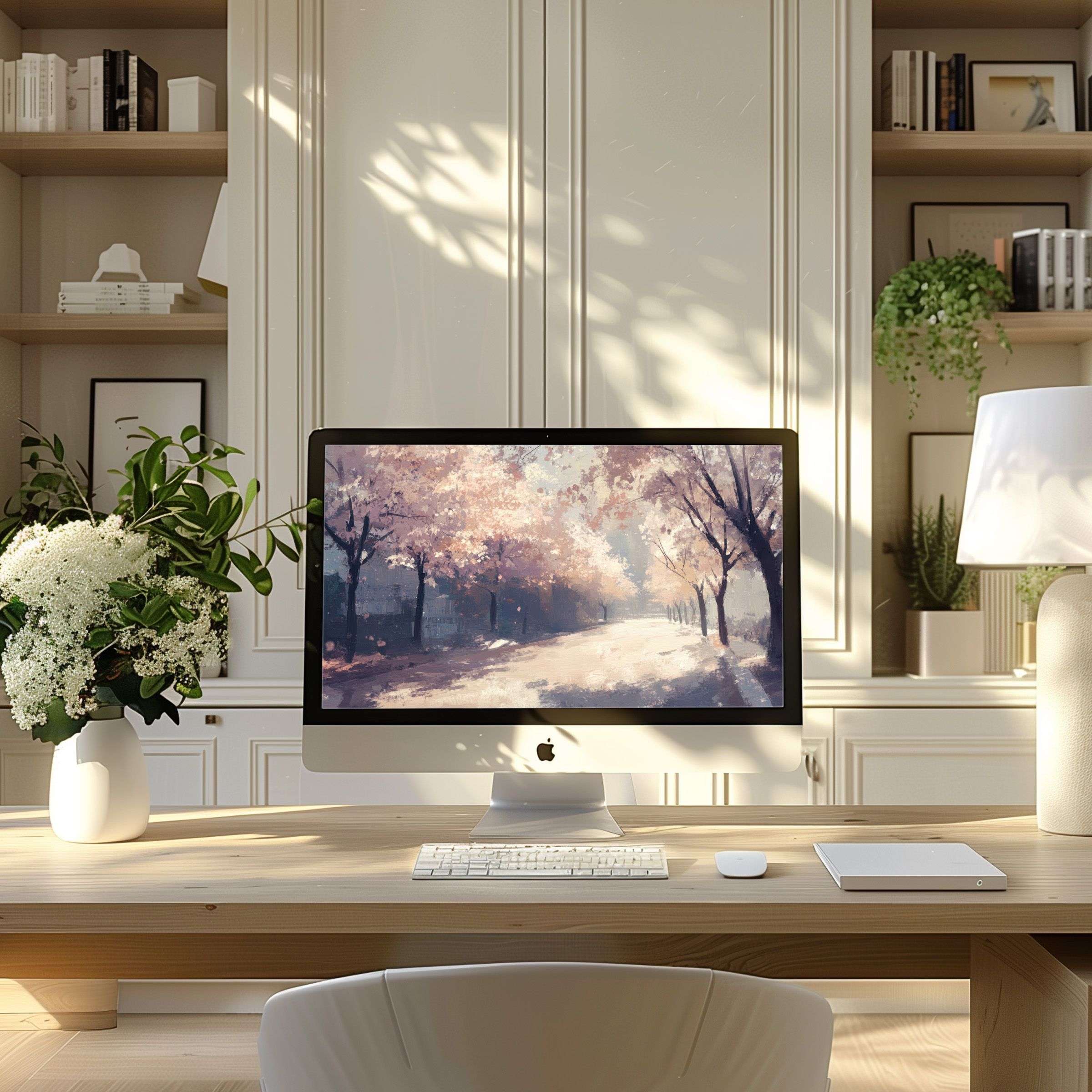 Elegant autumn landscape wallpaper for computer, PC, and Laptop; enhances calm in a modern home office; digital download ready