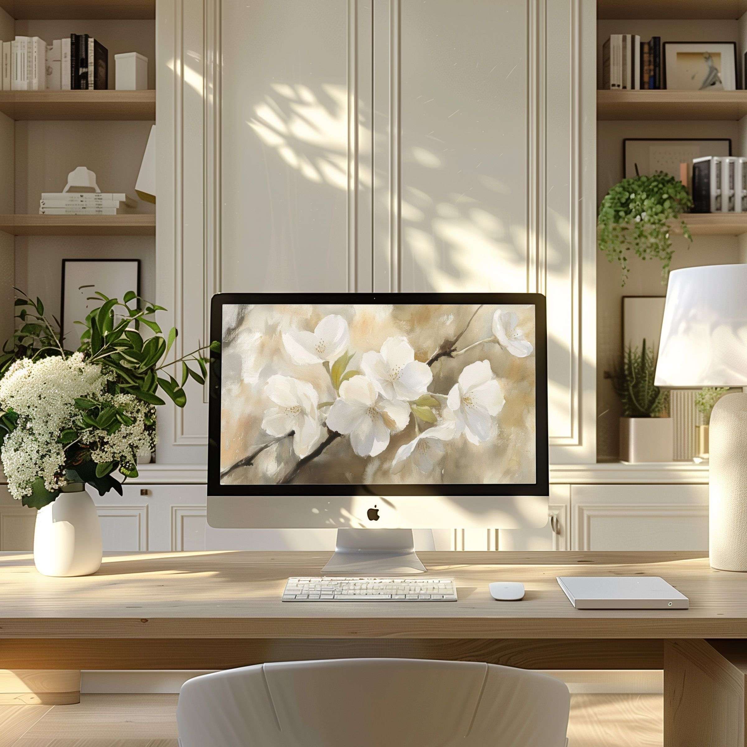 Elegant digital floral artwork as wallpaper for computer and laptop in a modern home office inspires calm and aesthetics