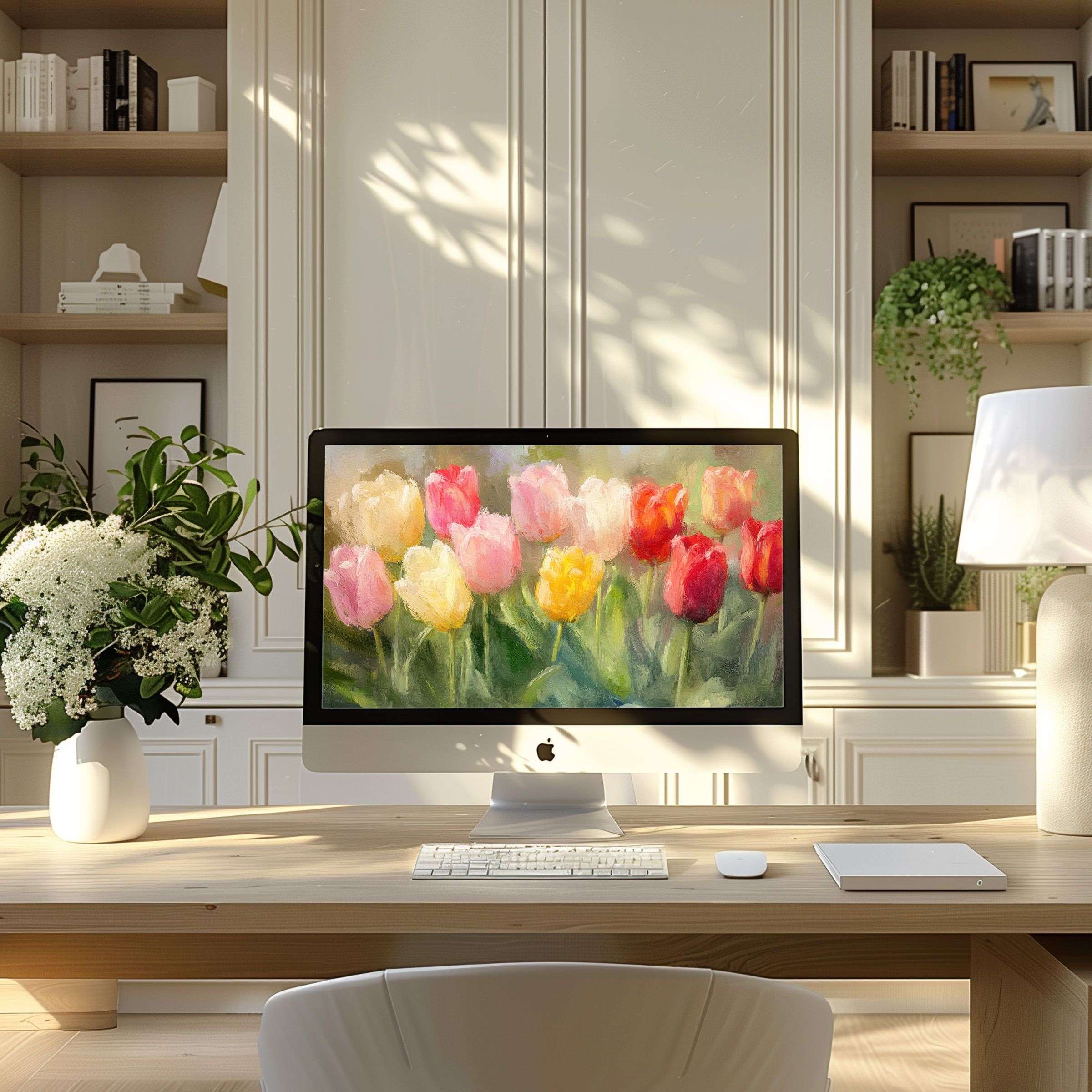 Elegant tulip digital art as wallpaper for computer elevates your PC and laptop workspace, inspiring calm and sophistication