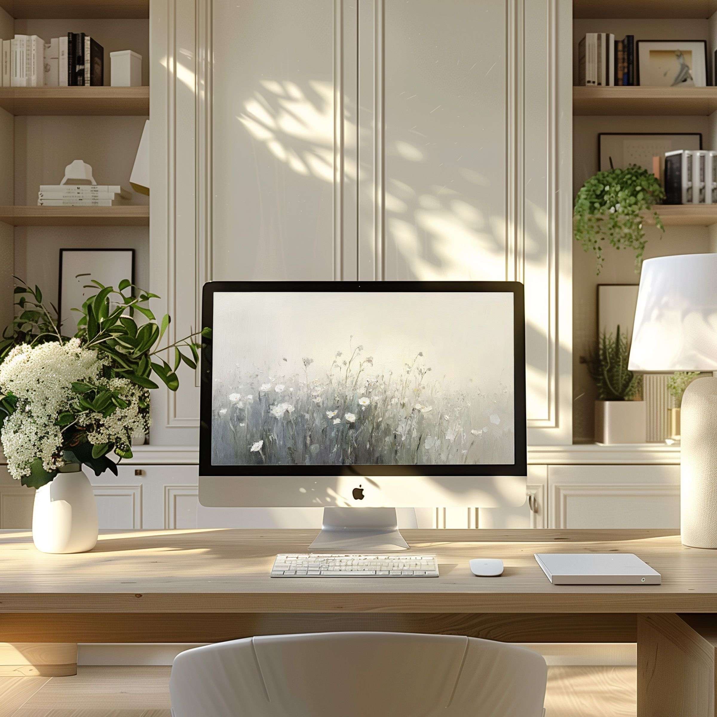 Elegant computer wallpaper featuring serene floral art, perfect for PC or Laptop, enhancing calm and inspiration in modern offices
