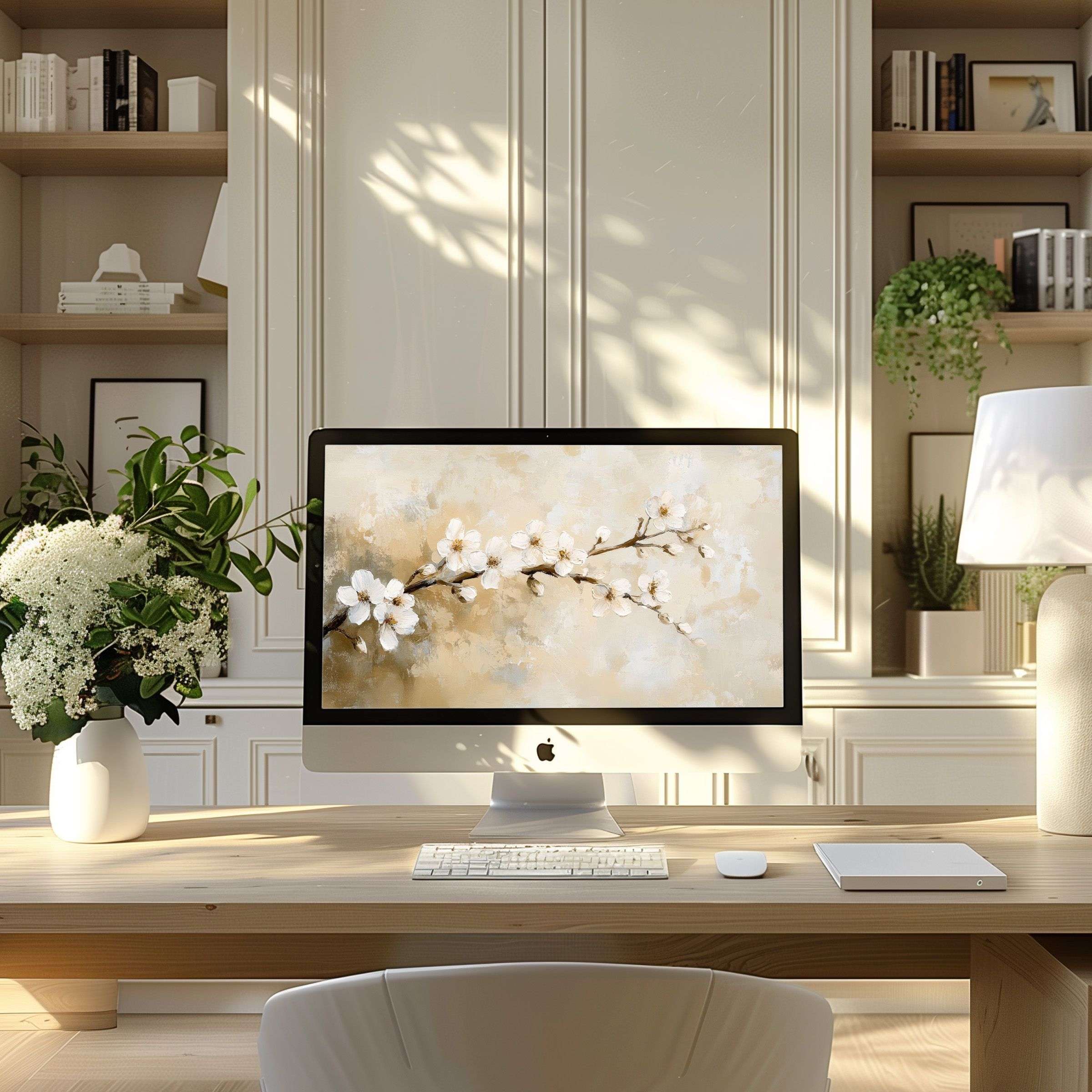 Elegant cherry blossom artwork adds calm elegance to your modern office as a digital wallpaper for computer, PC, and laptop