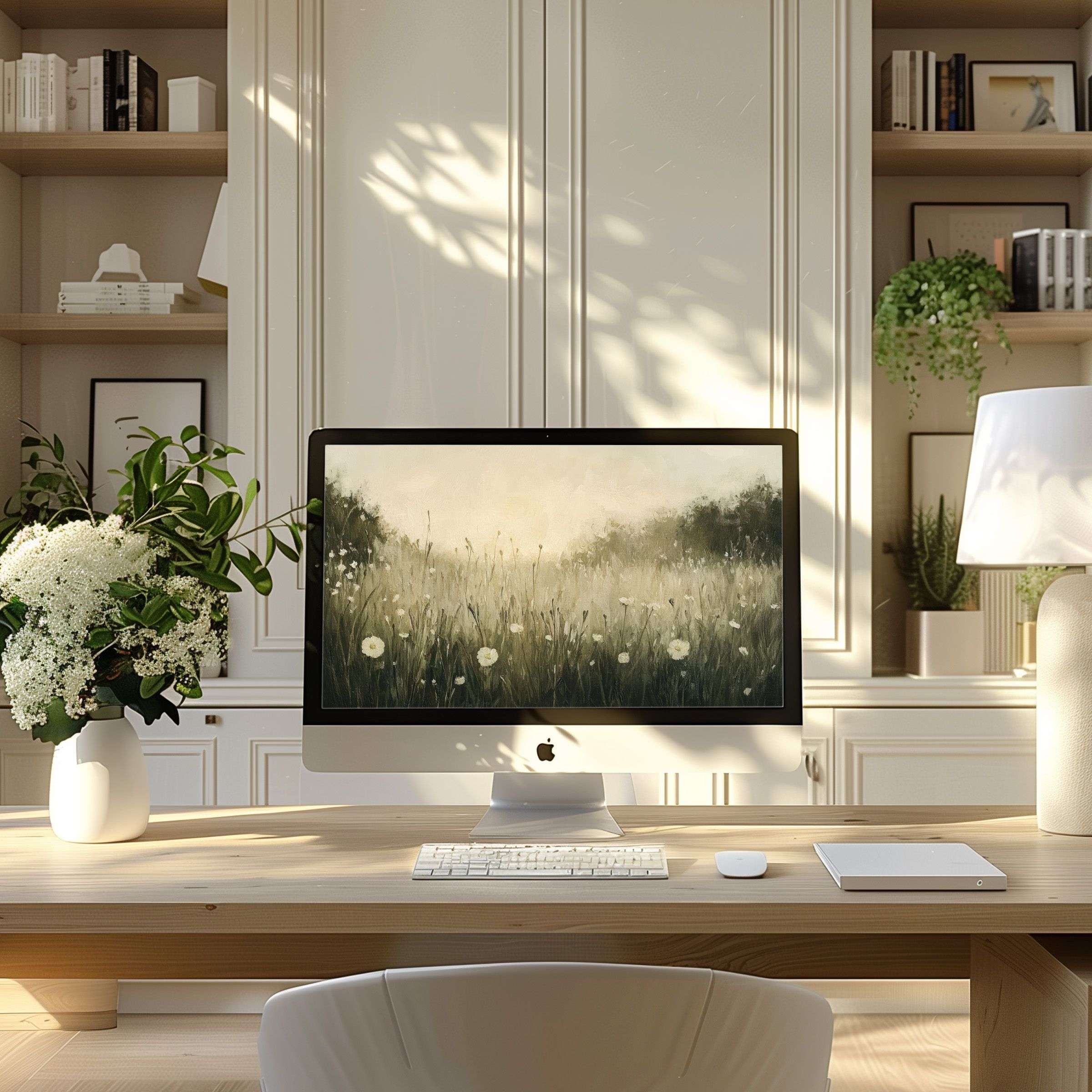 Luxurious digital landscape wallpaper for computer adds tranquility to a modern home office, perfect for PC and laptop screens