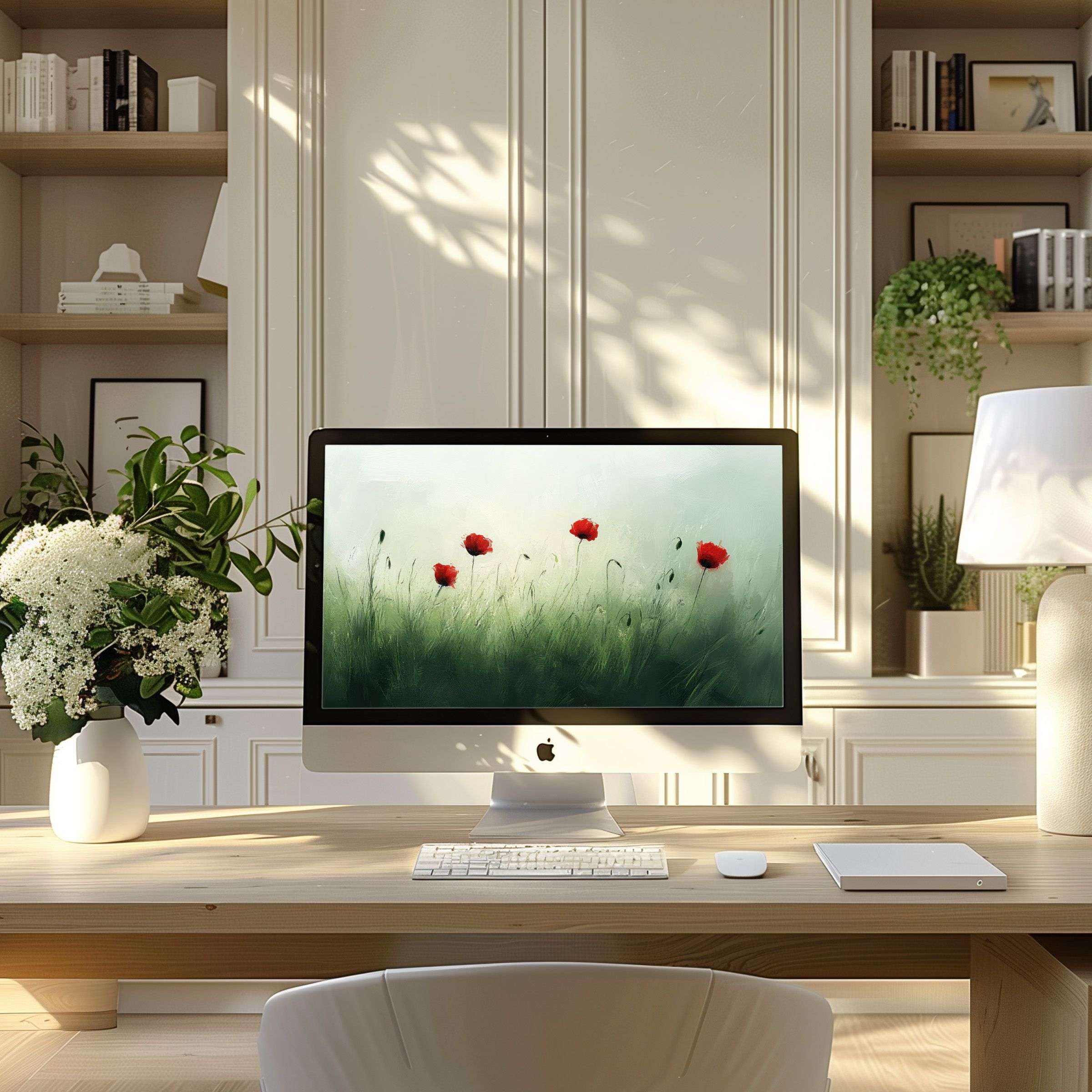 Elegant poppy field art enhances modern home office with calming wallpaper for computer, perfect for PC, Laptop, ultrawide displays