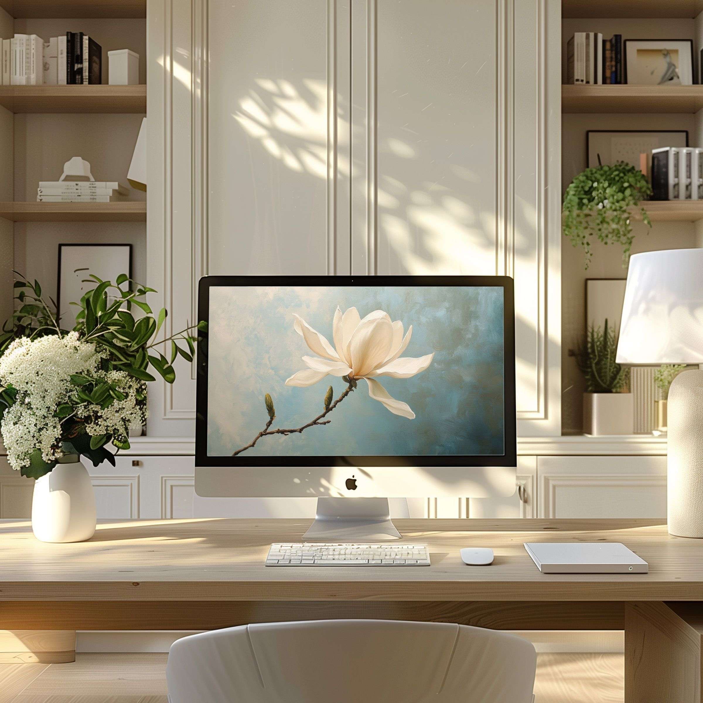 Elegant magnolia flower wallpaper for computer setting in a serene home office fits PC laptop digital download inspires calm elegance