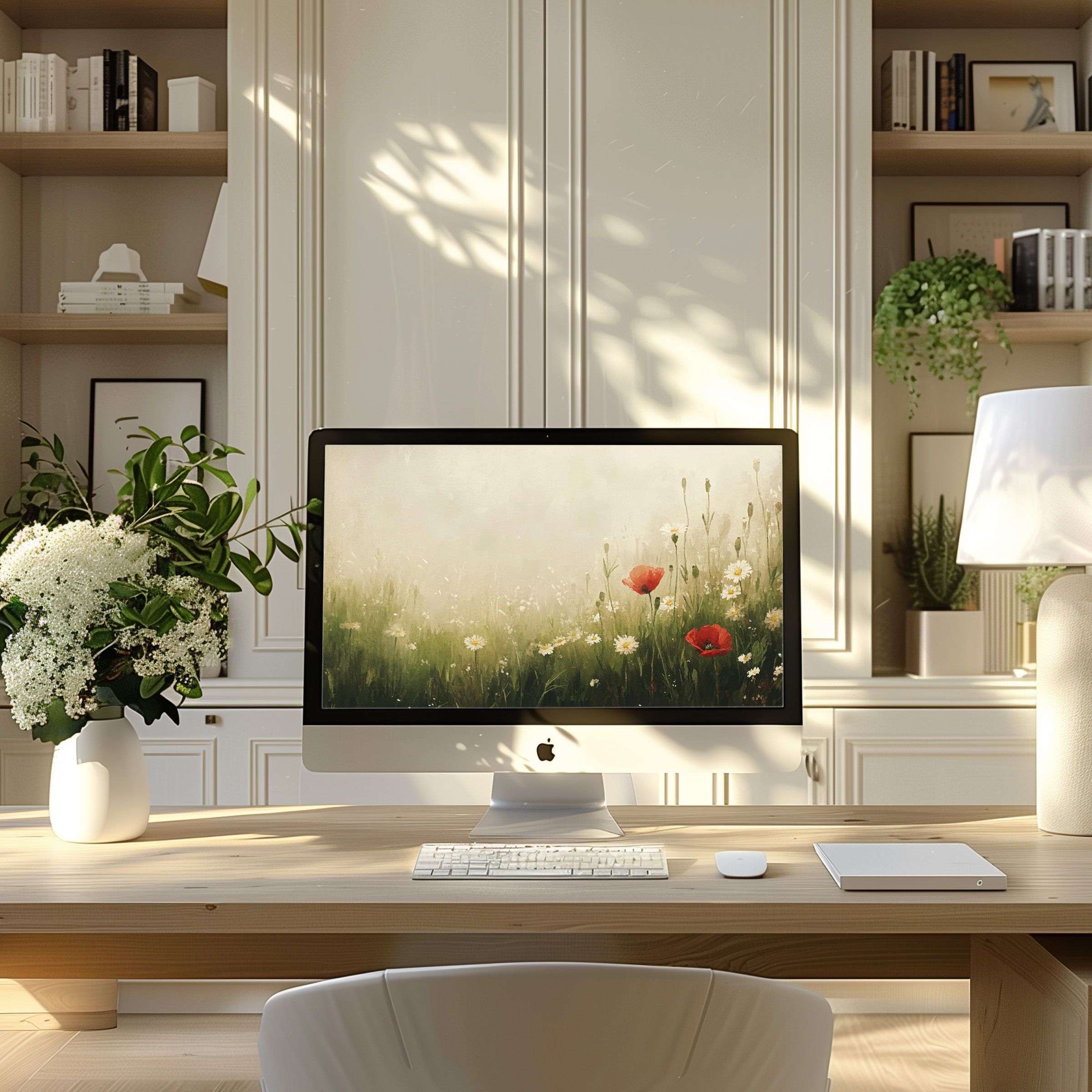 Elegant flower meadow wallpaper for computer brings calm inspiration to modern home office, ideal for PC, laptop, digital download