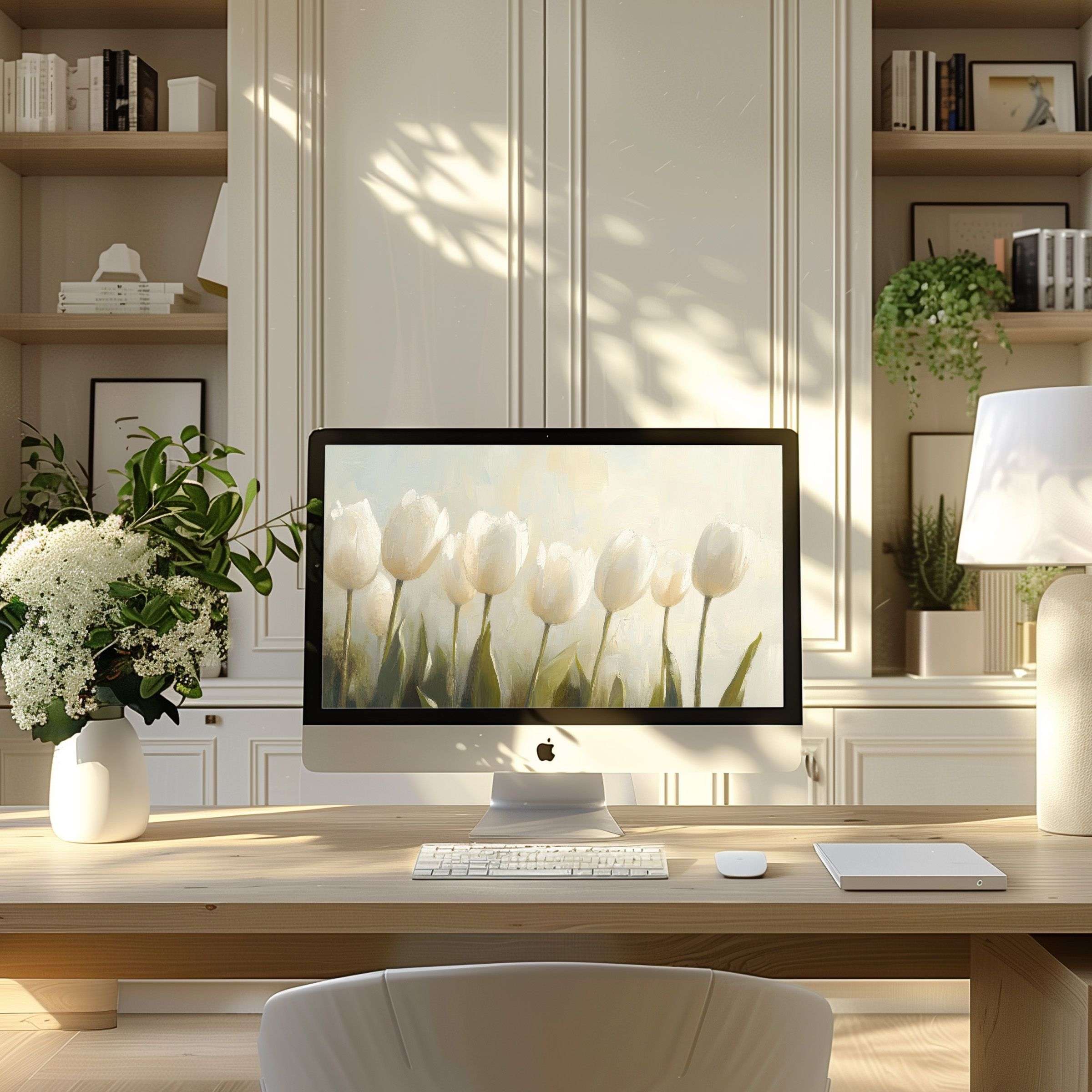 Elegant tulip artwork wallpaper for computer, perfect for PC and Laptop, inspires calm and fits modern home office aesthetics