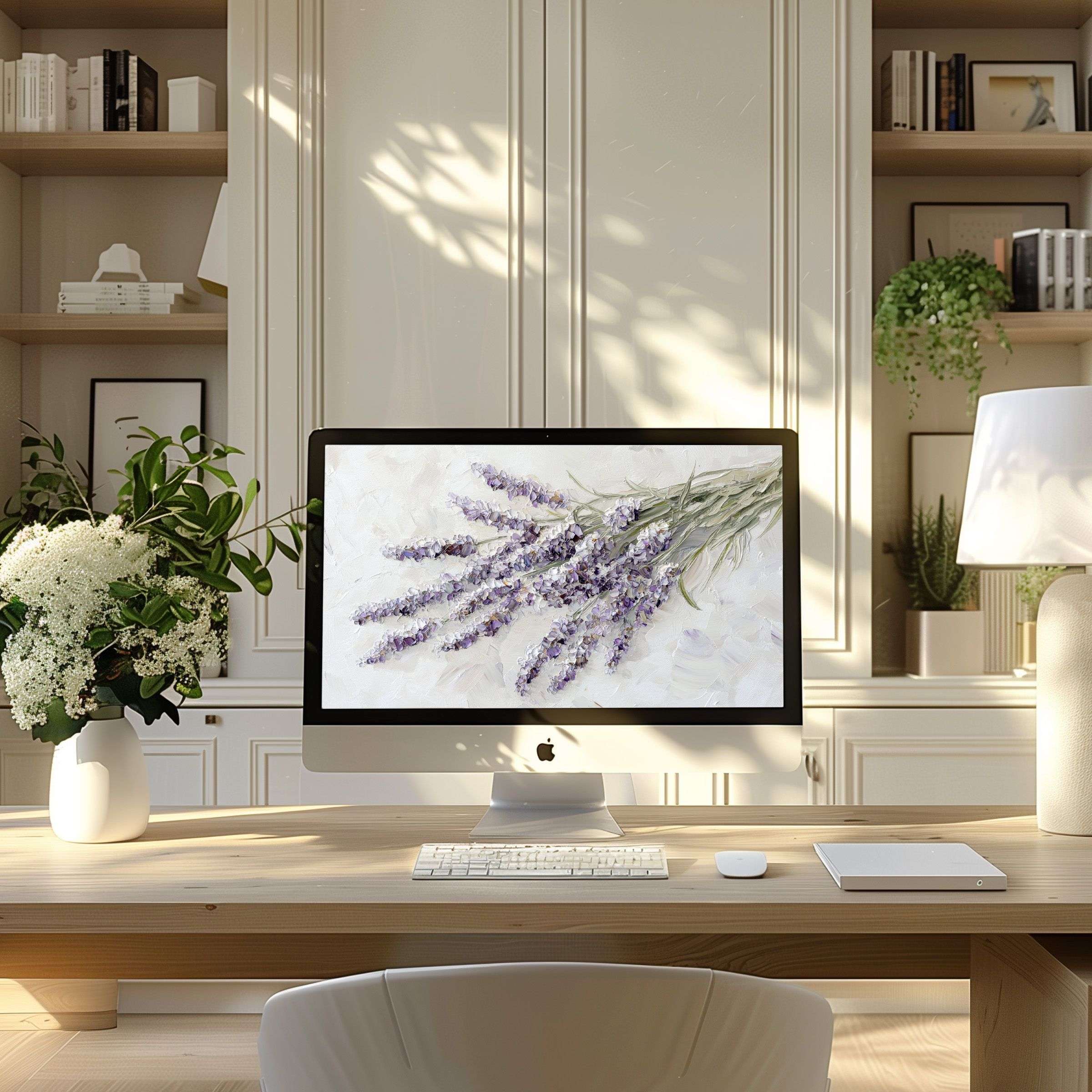 Lavender artwork wallpaper for computer in serene modern home office enhances PC and laptop elegance and inspires tranquility