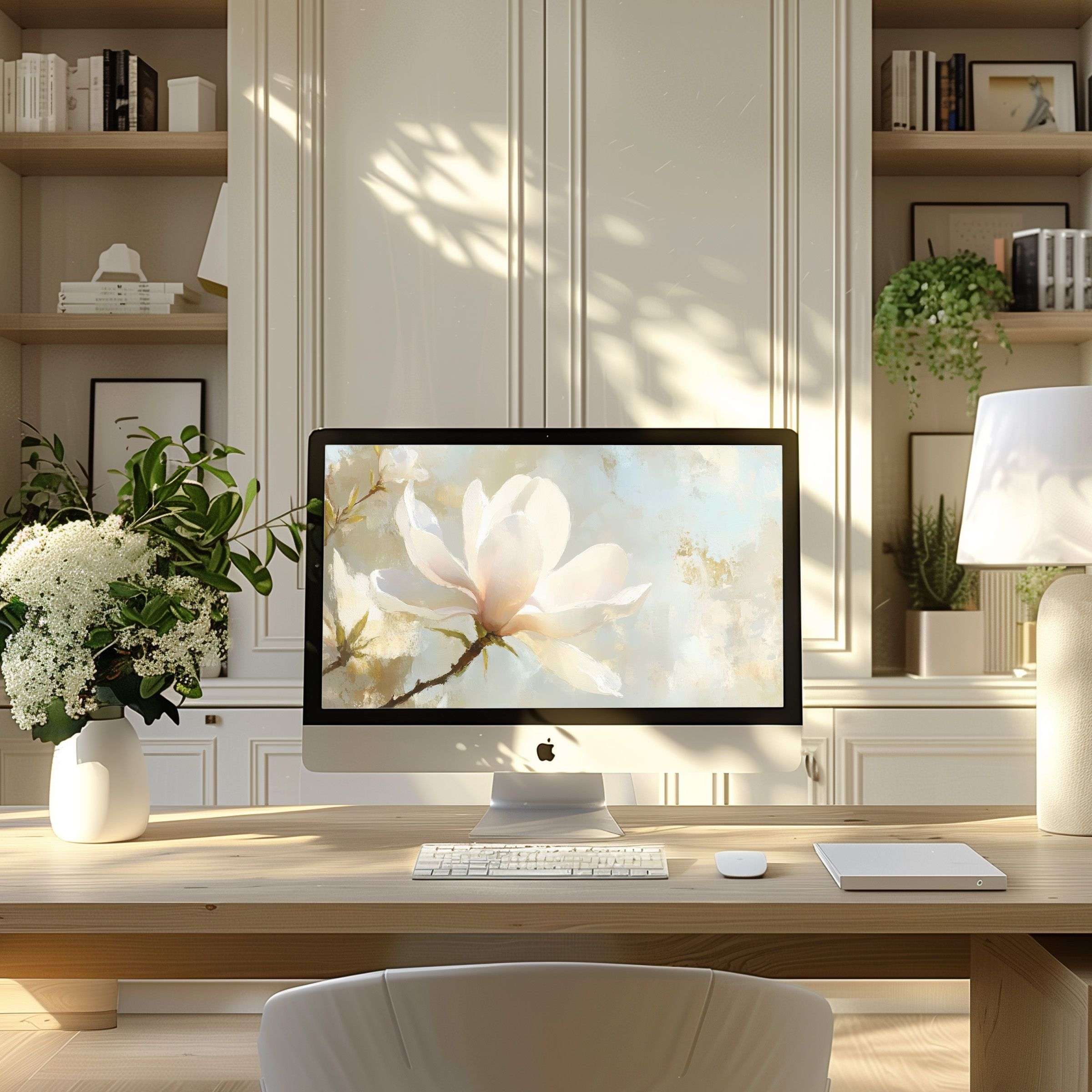 Elegant magnolia wallpaper for computer enhances modern home office, offering calm and inspiration for PC or laptop screens