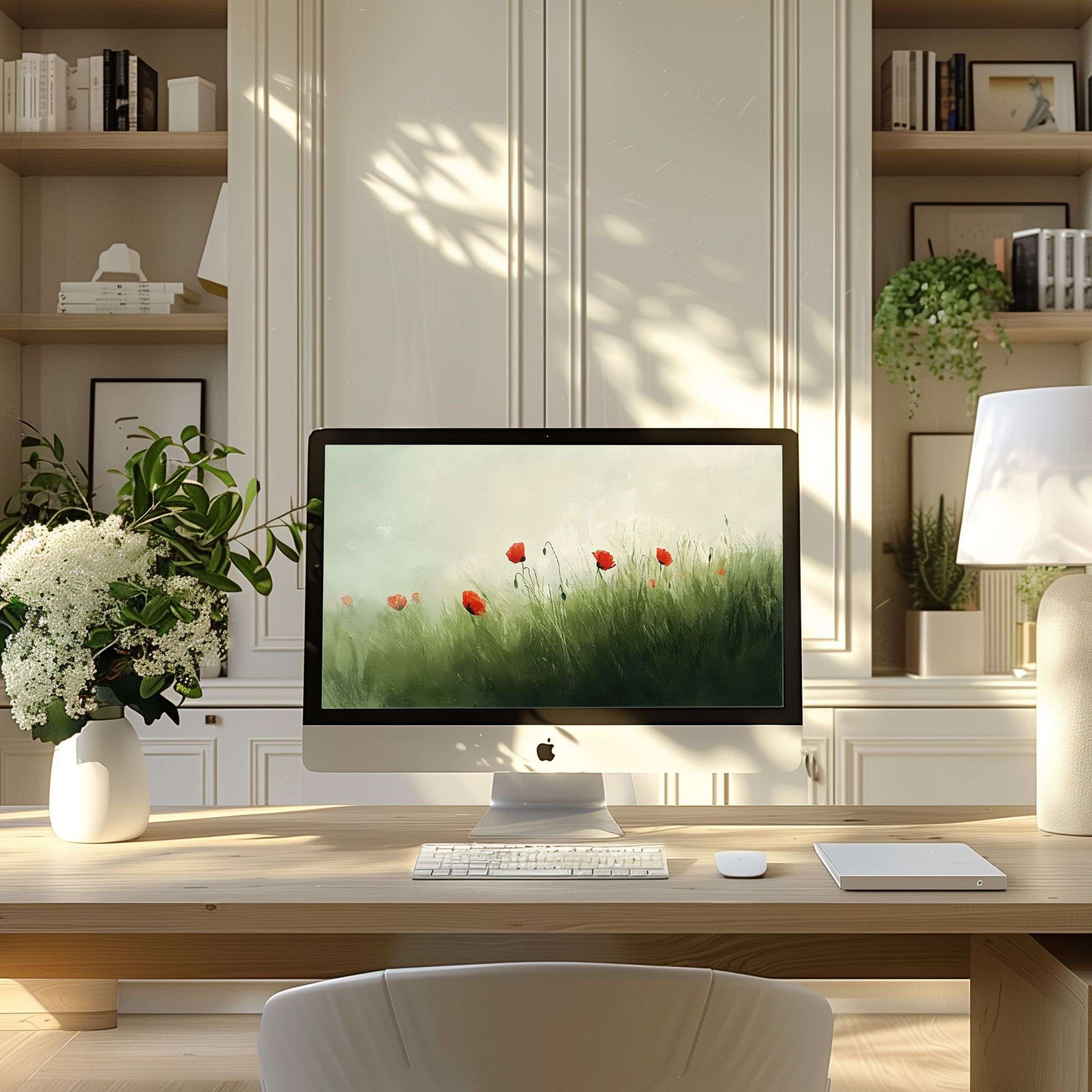 Elegant poppy field artwork as a soothing wallpaper for computer, PC, or laptop in a chic modern home office setting