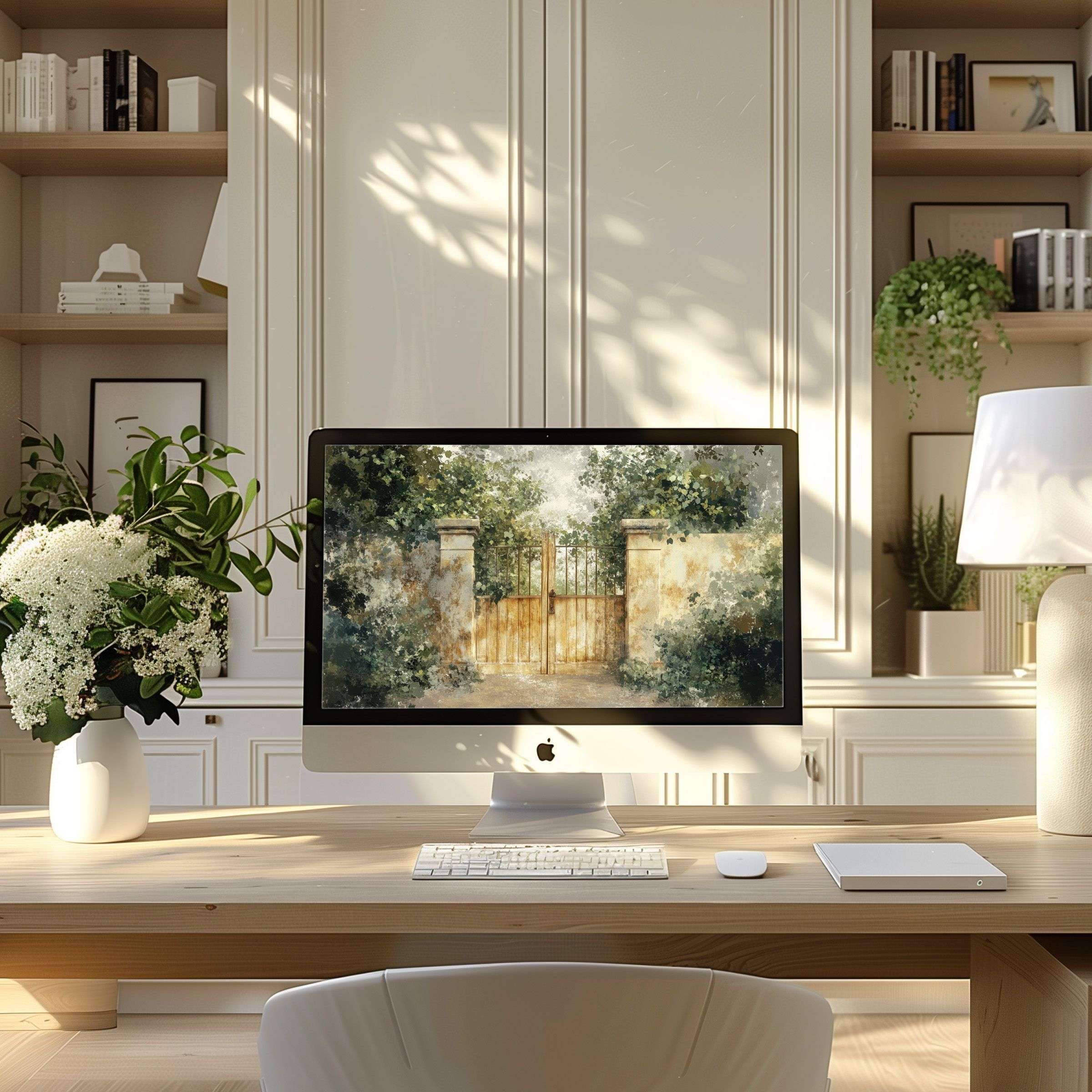 Elegant watercolor landscape wallpaper for computer and laptop, inspiring calm and beauty in a modern home office setup