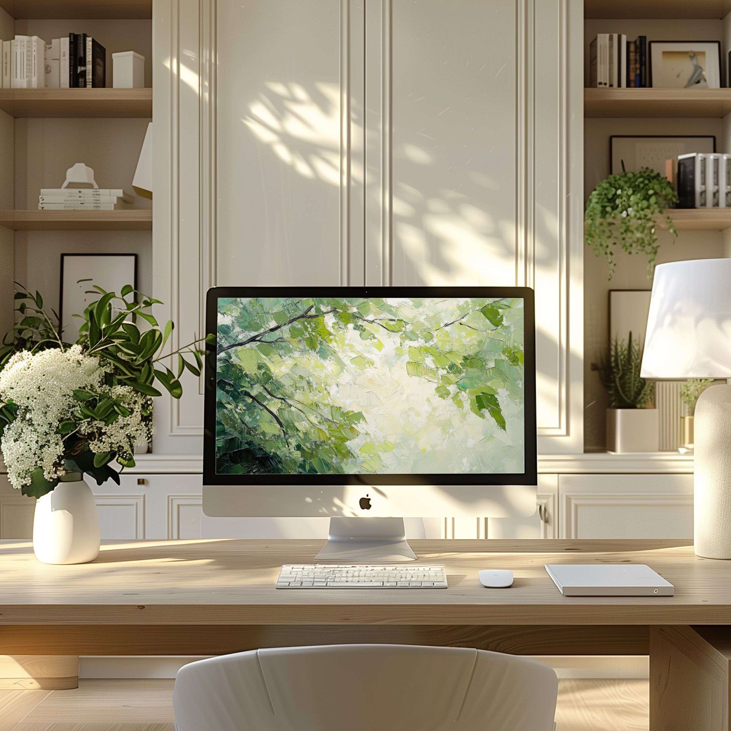 Natural leaf motif wallpaper for computer inspires calm and elegance in modern home office, suitable for PC and laptop download