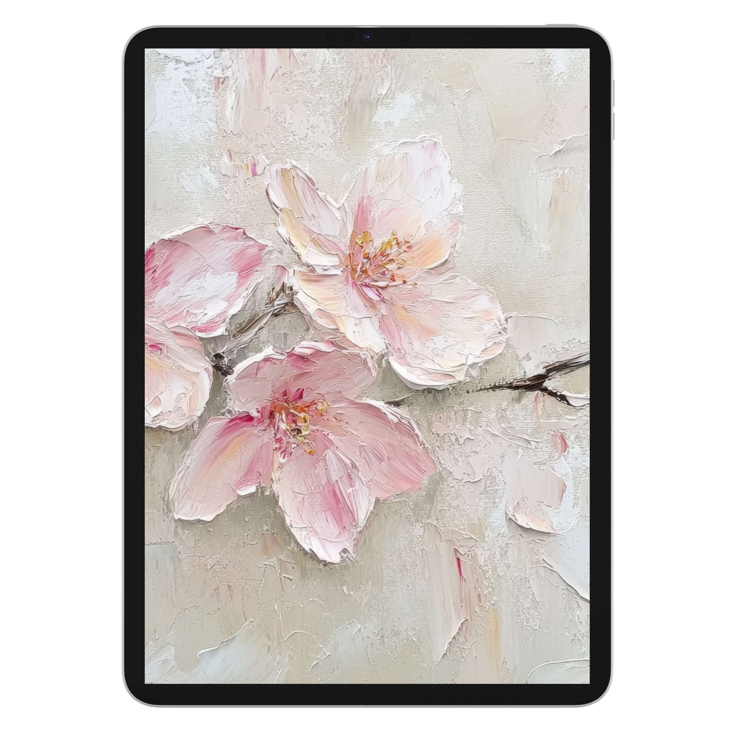 Elegant spring iPad wallpaper featuring delicate pink flowers in a textured digital download, perfect tablet background for serenity
