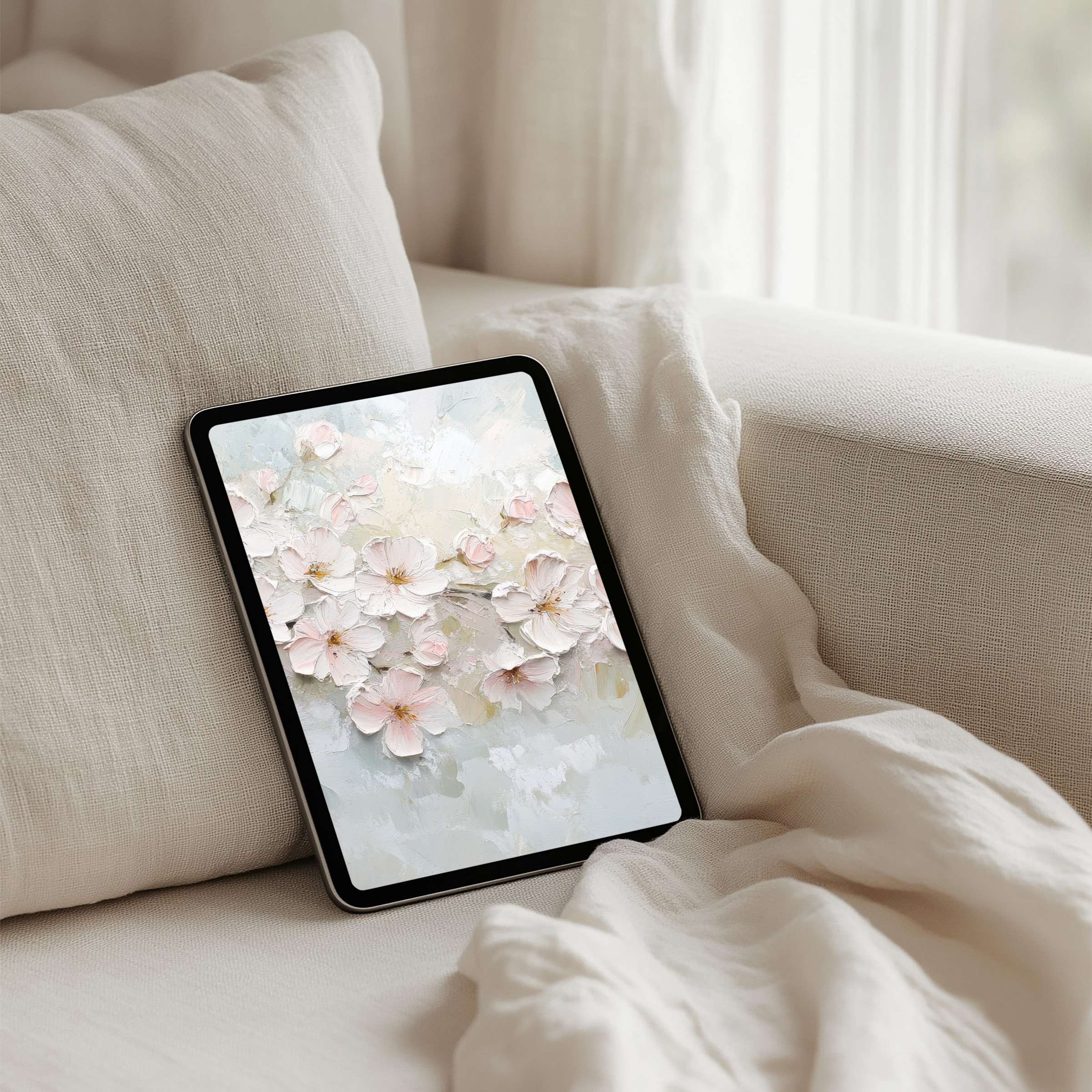 Elegant floral iPad background for instant download infuses calm and inspiration to any tablet with soft pink and white hues