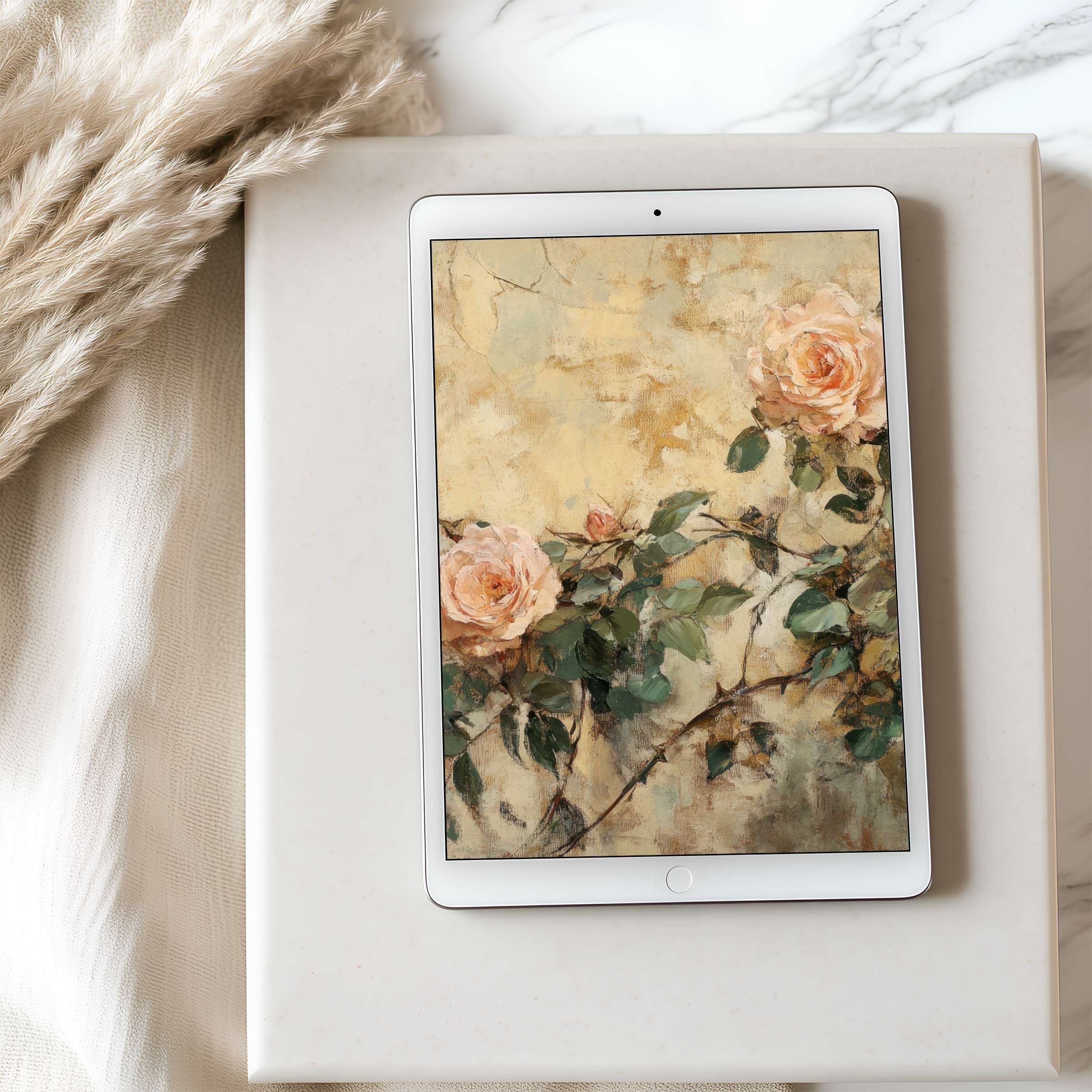 Elegant tablet wallpaper featuring soft, pastel roses with a vintage texture on iPad, perfect for serene, high-resolution digital download