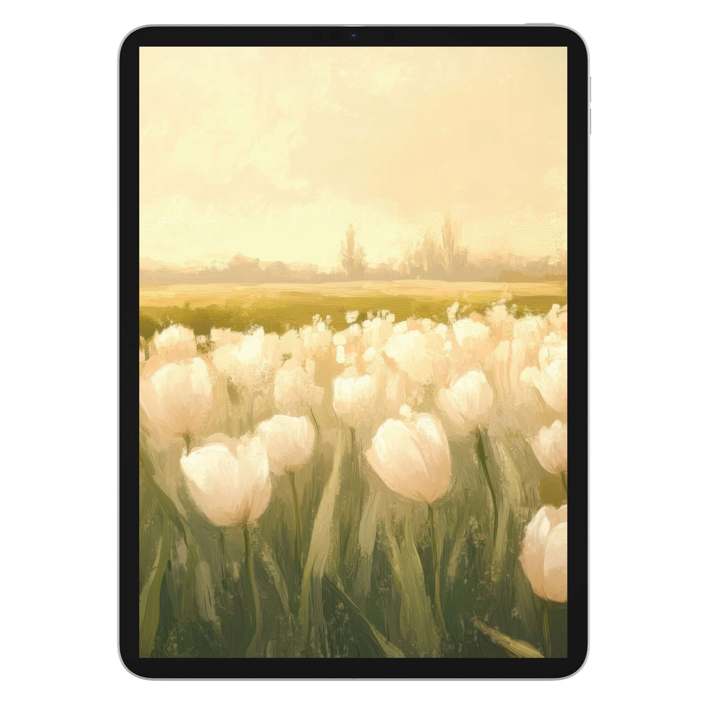Elegant spring iPad wallpaper featuring soft tulip fields in pastel hues perfect as a calming tablet background digital download