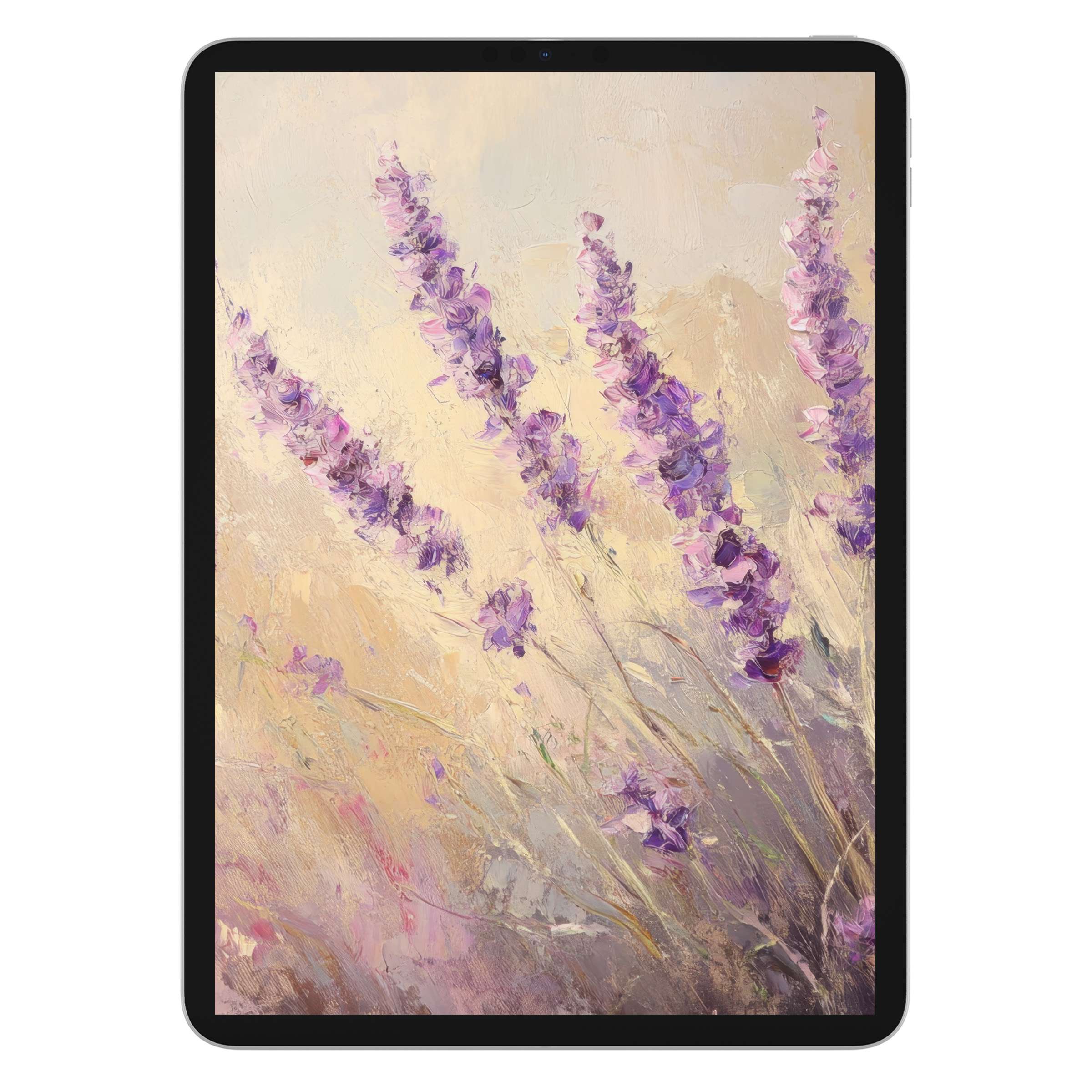 Elegant spring iPad wallpaper featuring soft lavender brushstrokes, perfect for a calming digital download on any tablet background