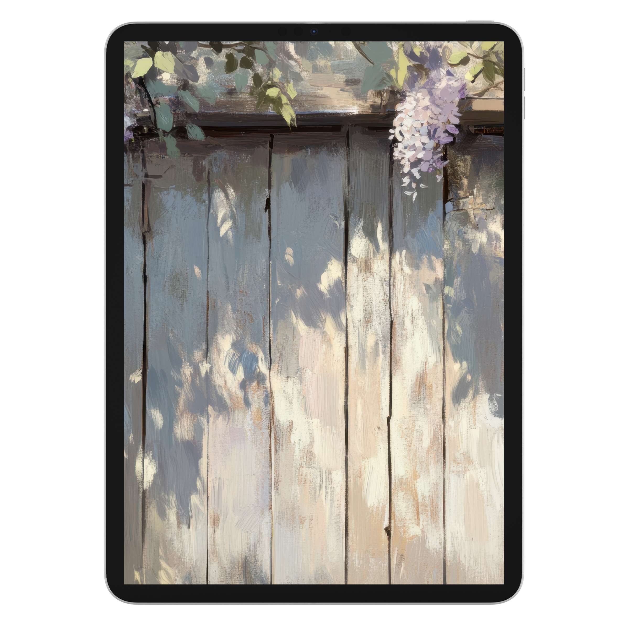 Elegant spring iPad wallpaper with textured wooden fence and soft floral shadows, perfect digital download for tablet backgrounds