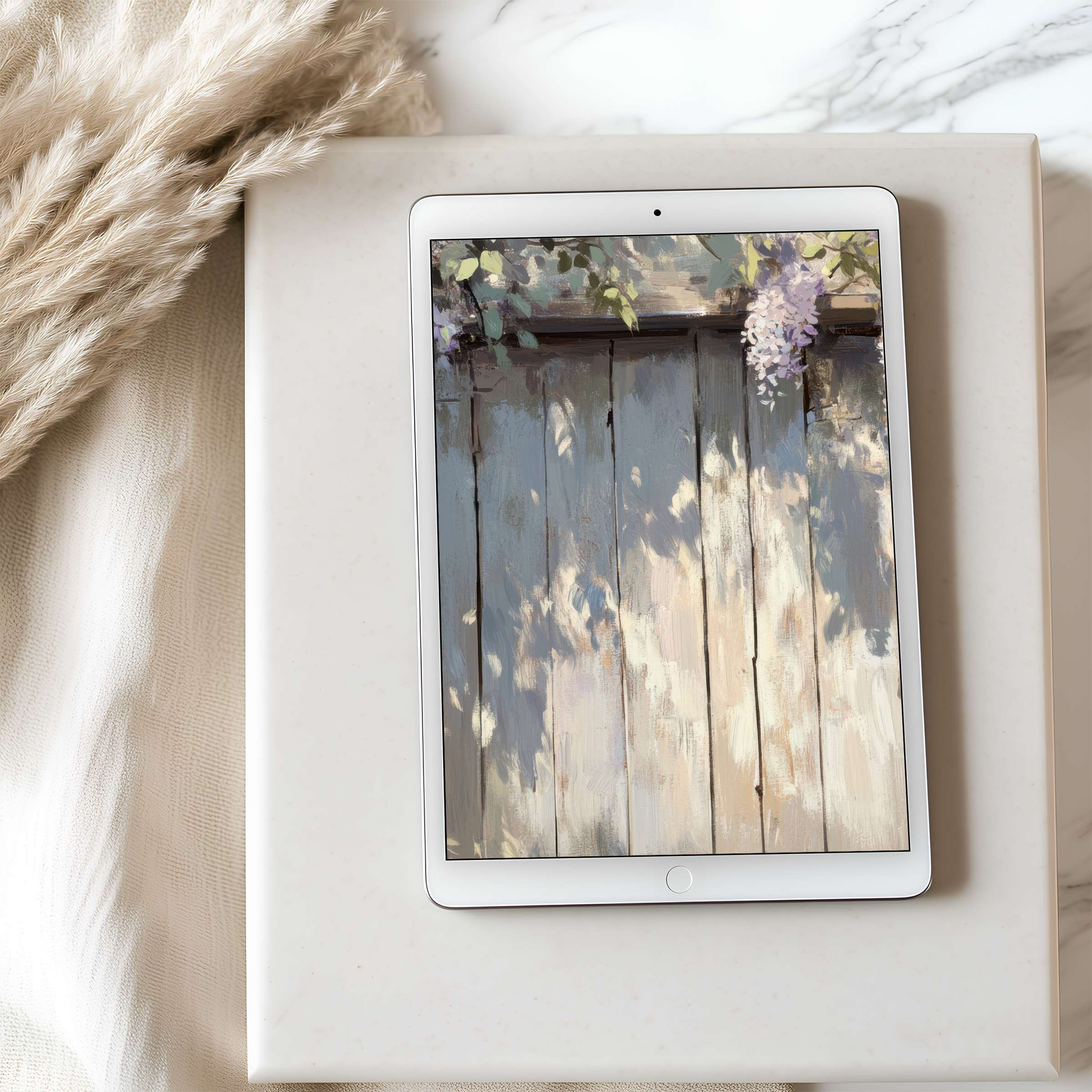 Elegant tablet wallpaper features a serene, high-resolution wooden fence with dappled light, perfect for a calm digital download ambiance