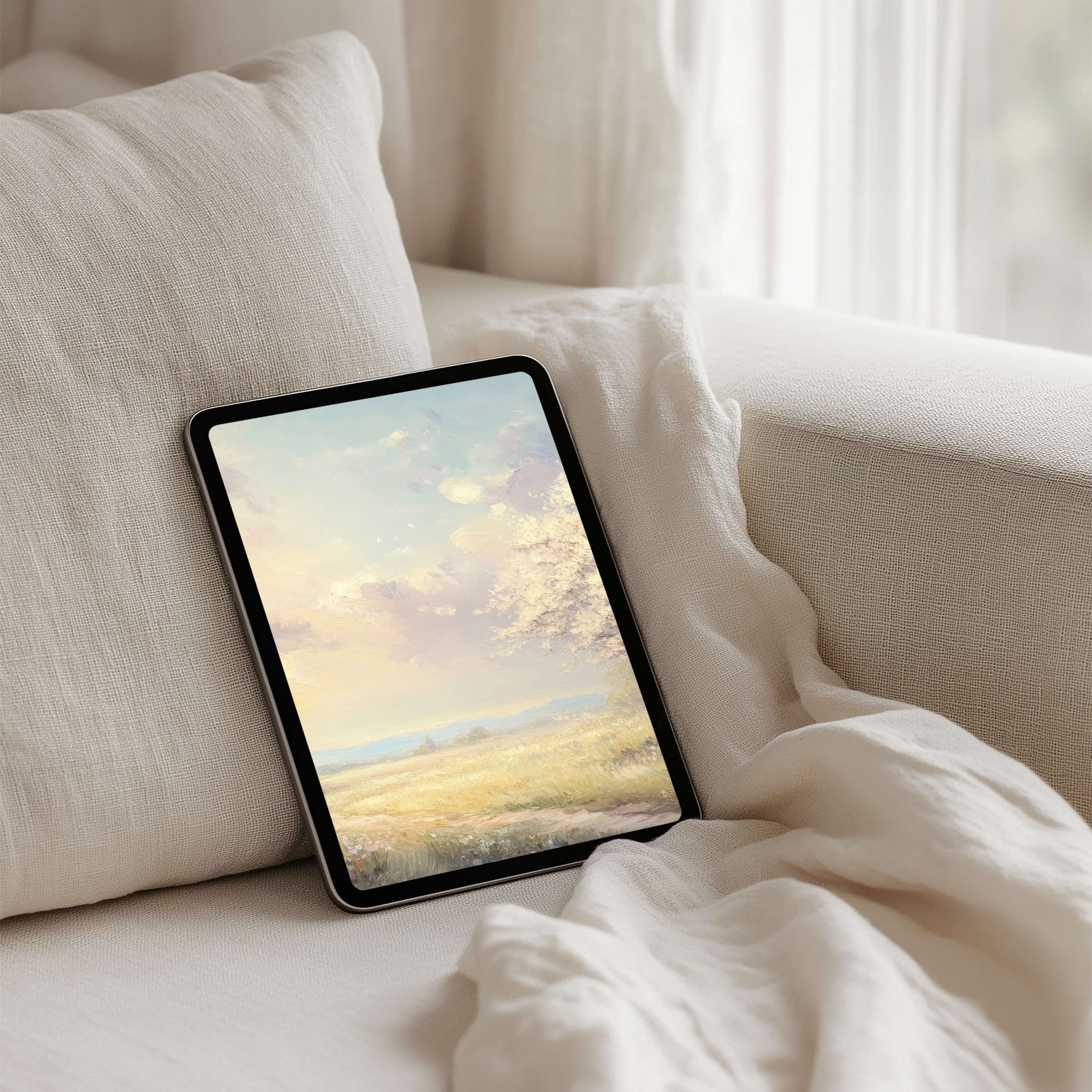 Serene pastel landscape iPad background for instant download enhances elegance on your tablet inspiring calm and mindfulness
