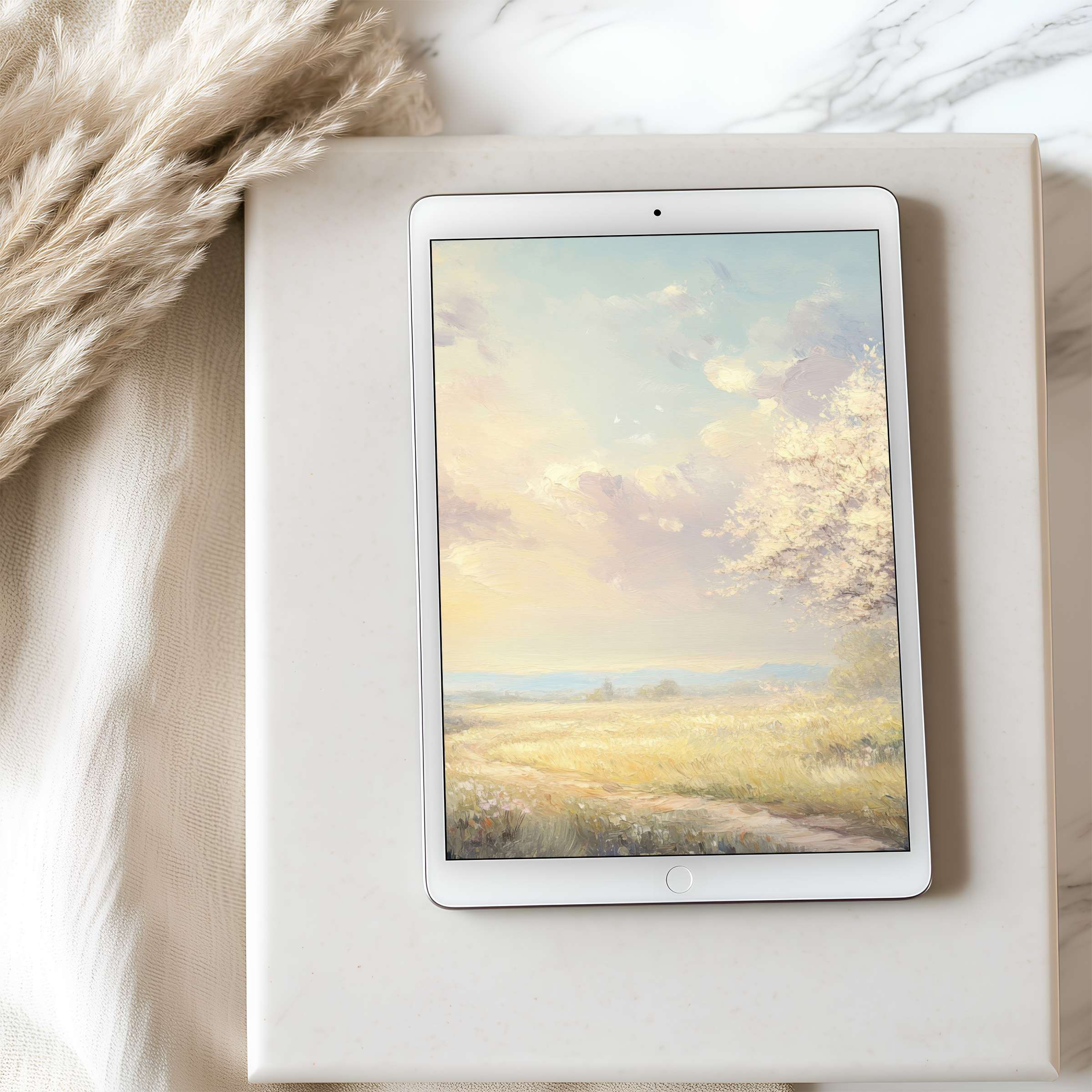 Elegant tablet wallpaper with a serene landscape painting, soft pastel colors evoking calm, perfect for high-resolution digital download for iPad