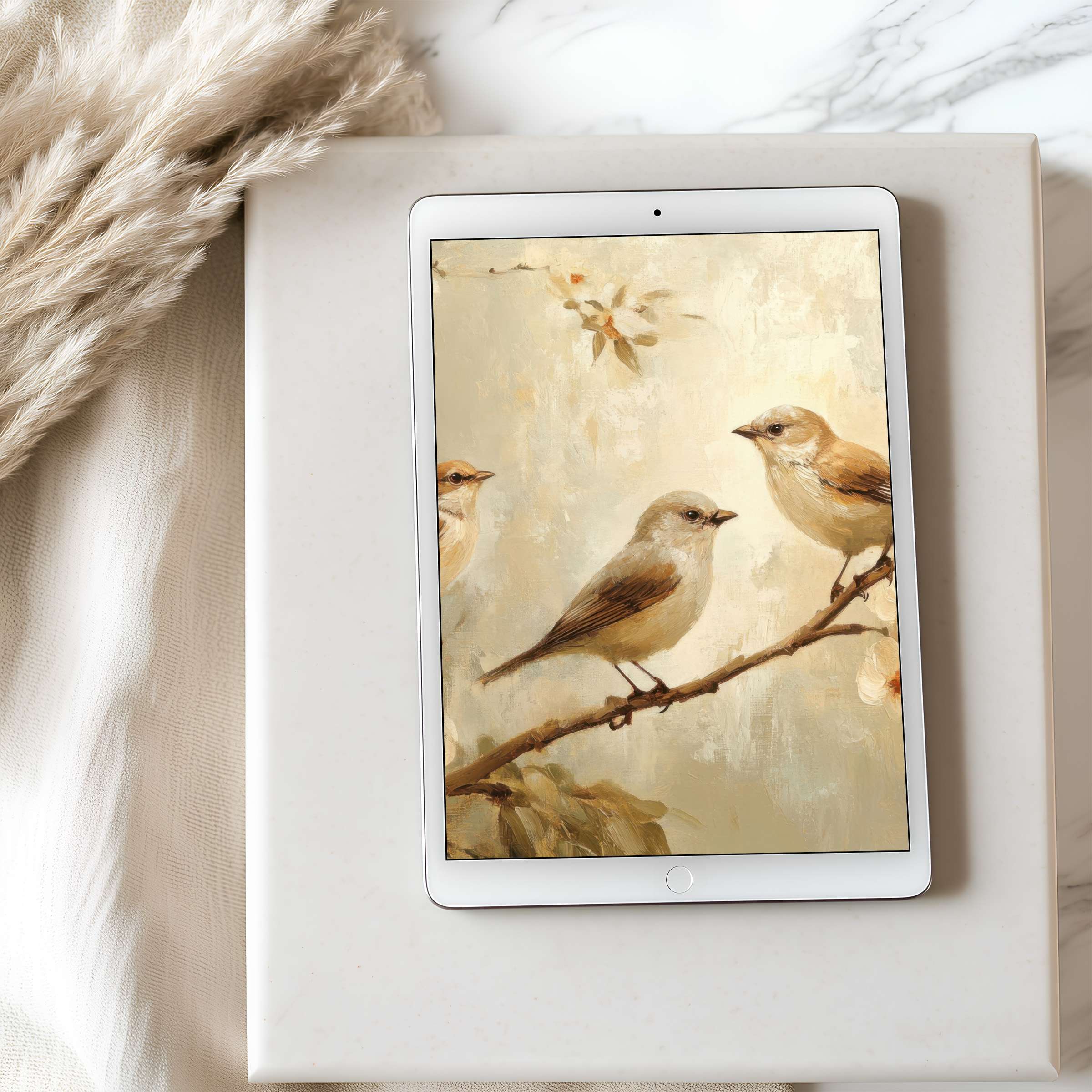 Elegant sparrow-themed tablet wallpaper showcasing warm tones and a tranquil vibe perfect for iPad and Android tablets digital download