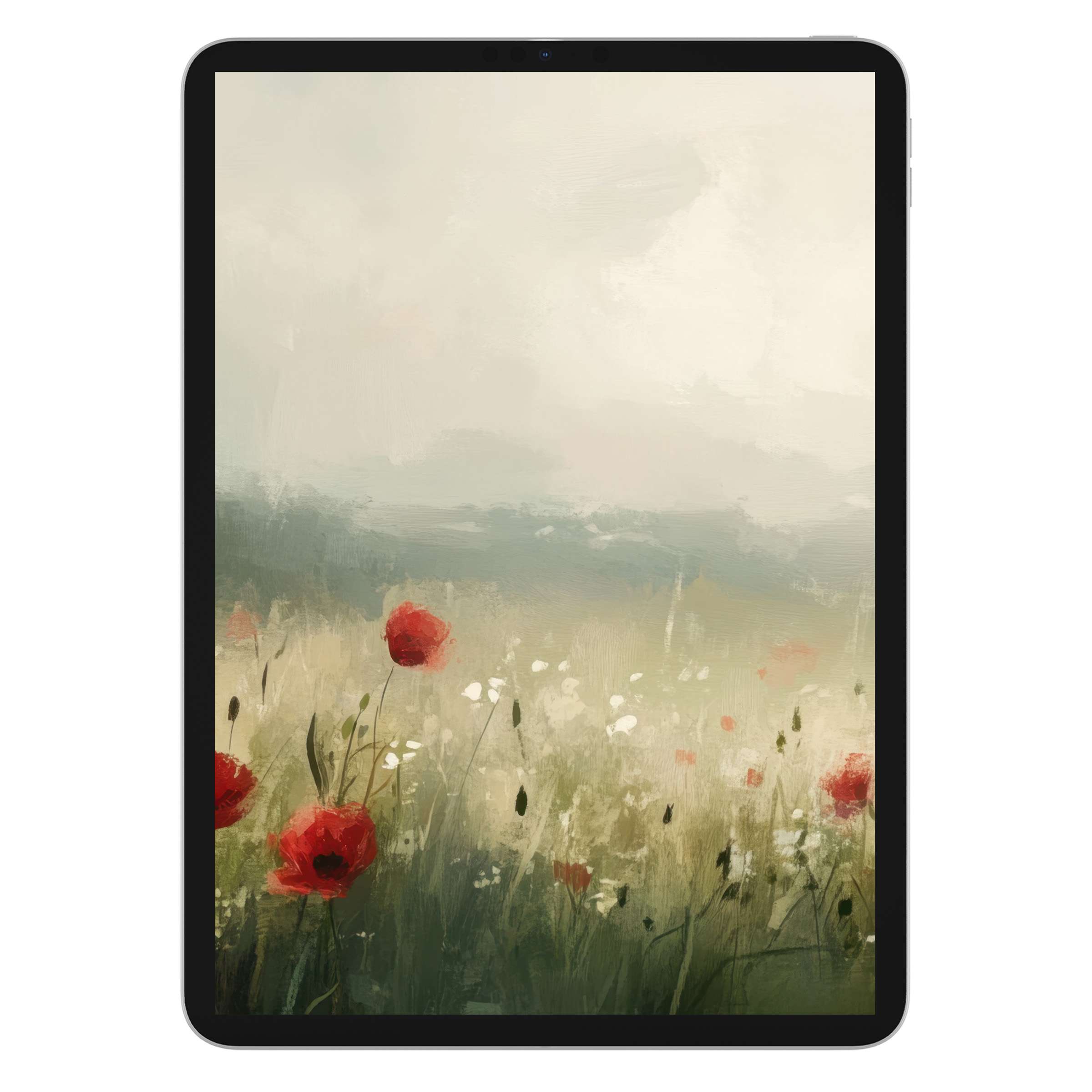 Elegant spring iPad wallpaper featuring serene poppies in a misty field digital download for tablet background inspiring tranquility