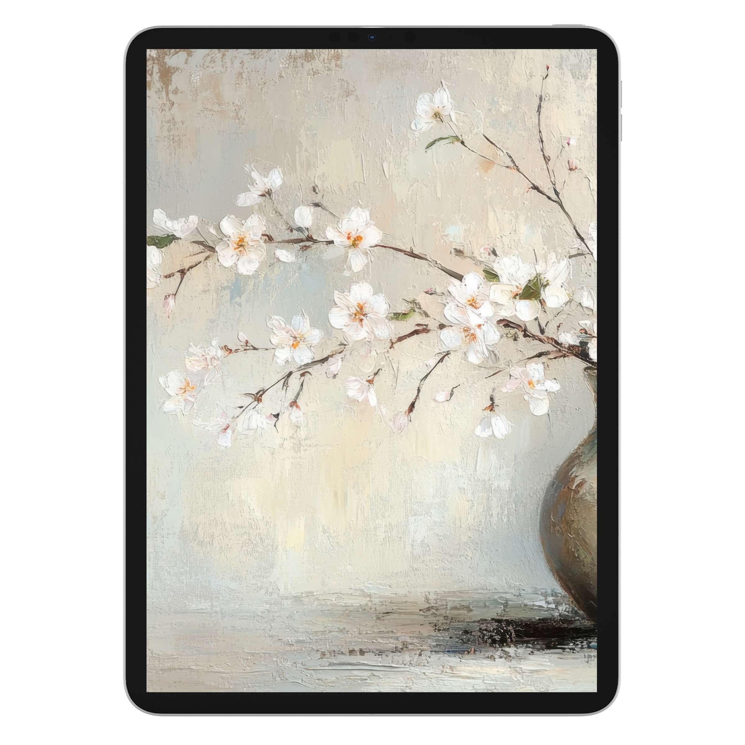 Elegant spring iPad wallpaper with delicate cherry blossoms, perfect digital download for tablet background to enhance calm aesthetics