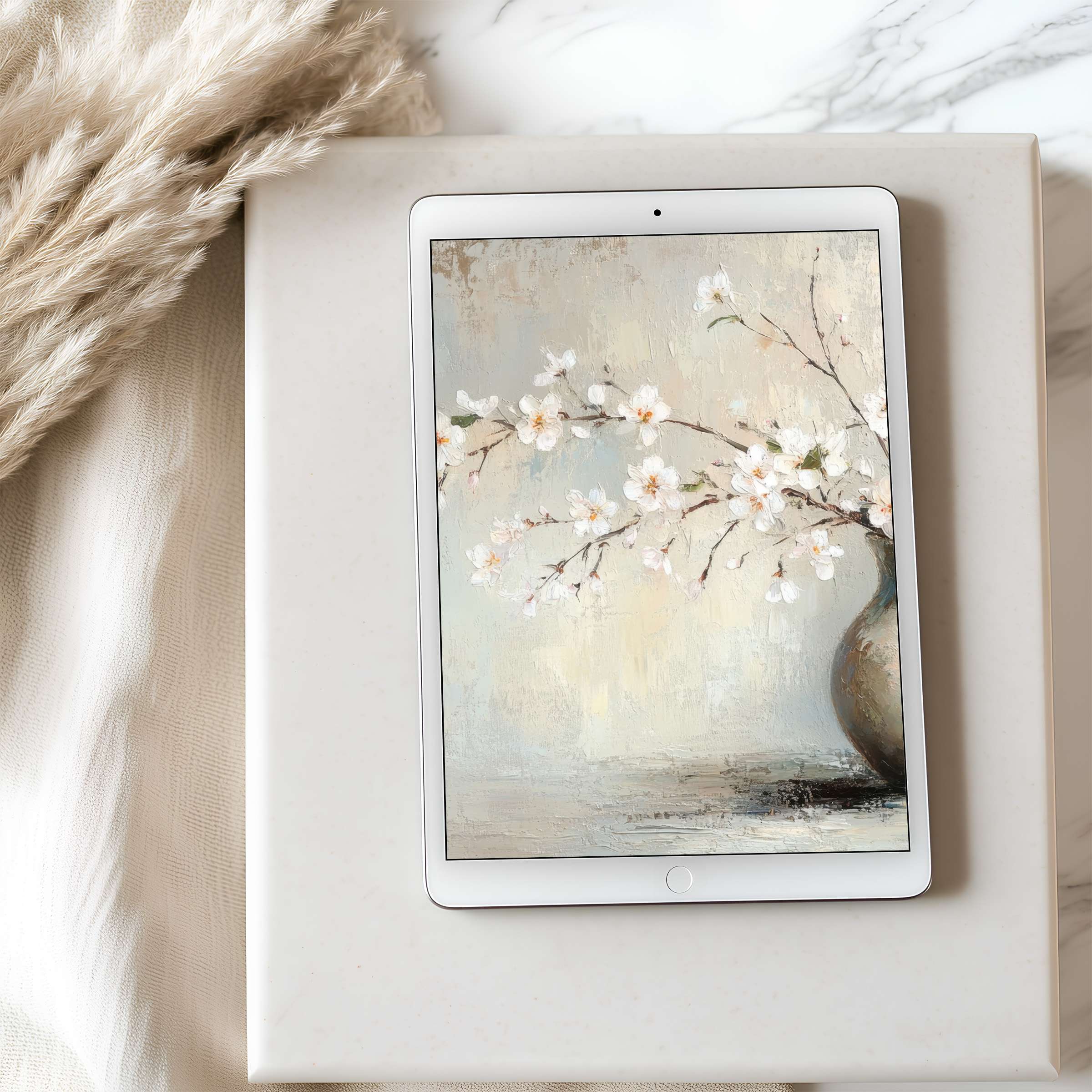 Elegant cherry blossom painting tablet wallpaper enhances your iPad or Android tablet with serene high resolution digital download