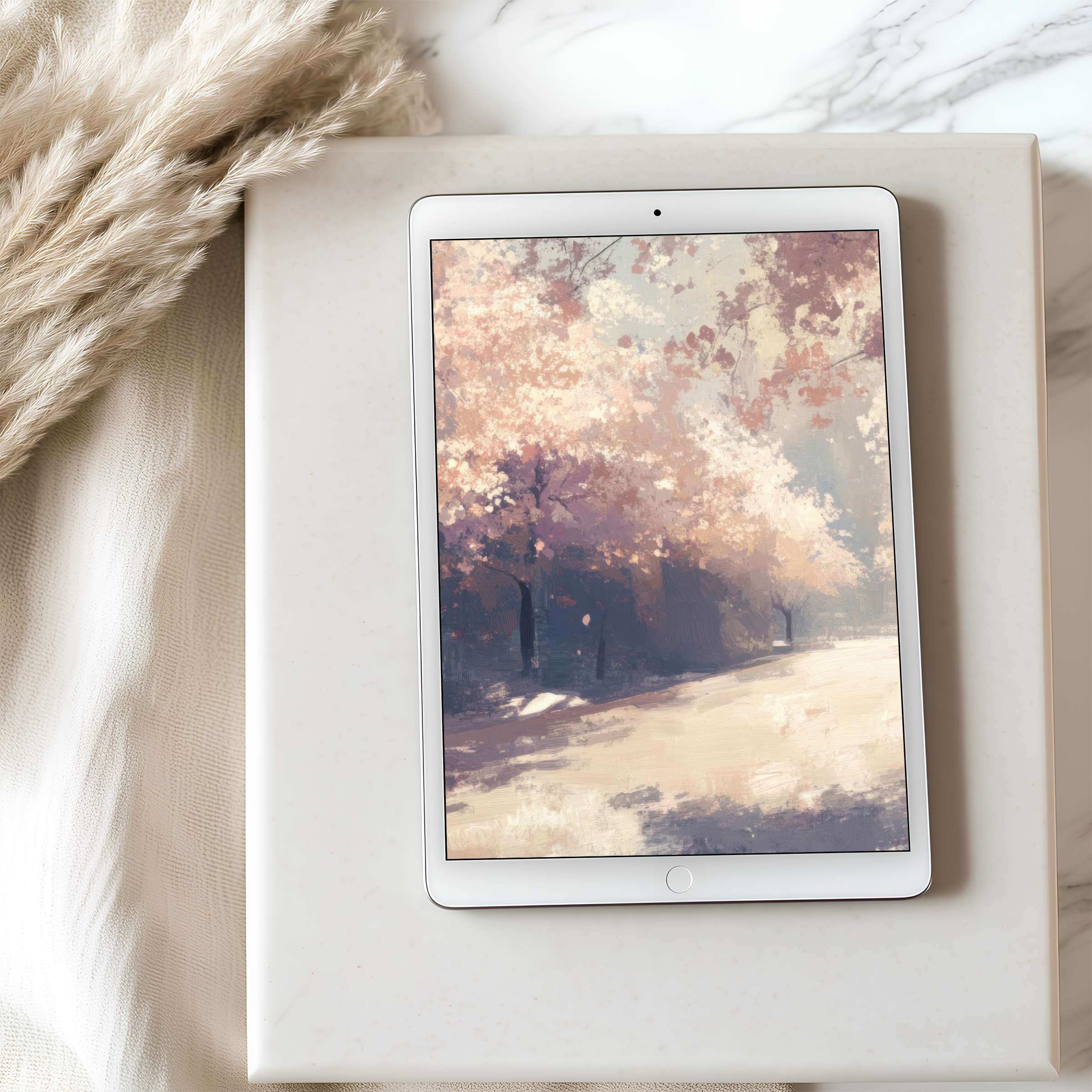 Elegant tablet wallpaper featuring a serene autumn forest in pastel hues enhances any tablet screen with high-resolution artistry and warm ambiance