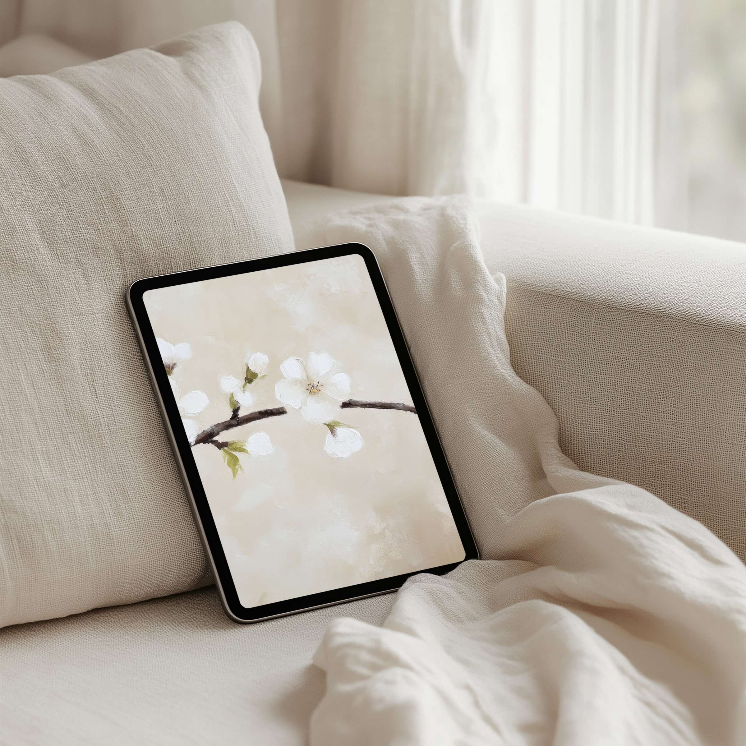 Elegant iPad background with gentle floral art, perfect for inspiring calm on any tablet device with instant download options