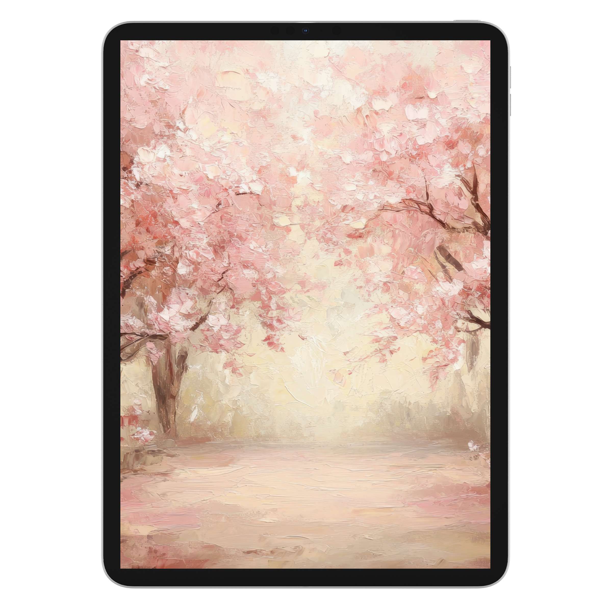 Elegant spring iPad wallpaper with soft pink blossoms, a serene digital download, perfect for tablet background aesthetics and sustainability