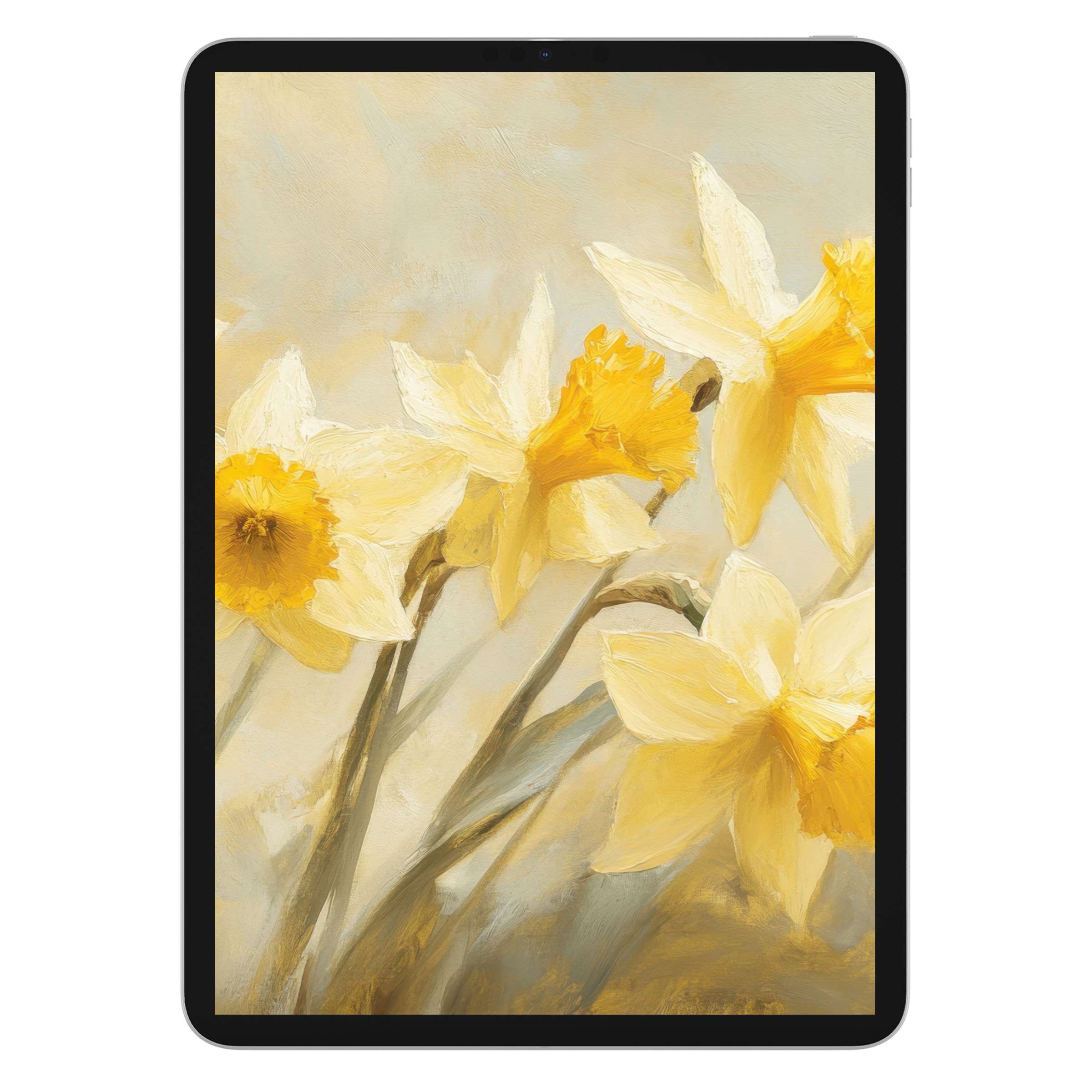 Elegant spring iPad wallpaper featuring daffodils, ideal for tablet backgrounds; a soothing digital download that inspires calm