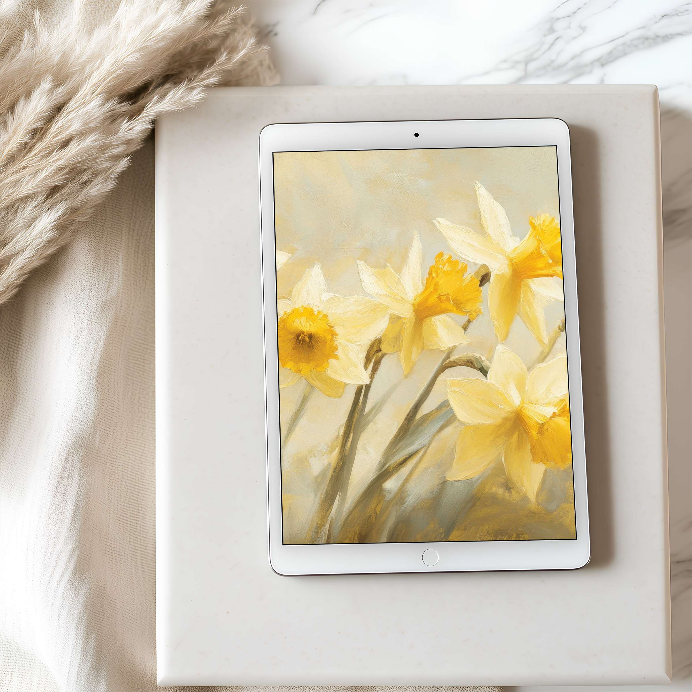 Sophisticated daffodil painting on tablet wallpaper adds serene elegance to any iPad, available as a high resolution digital download