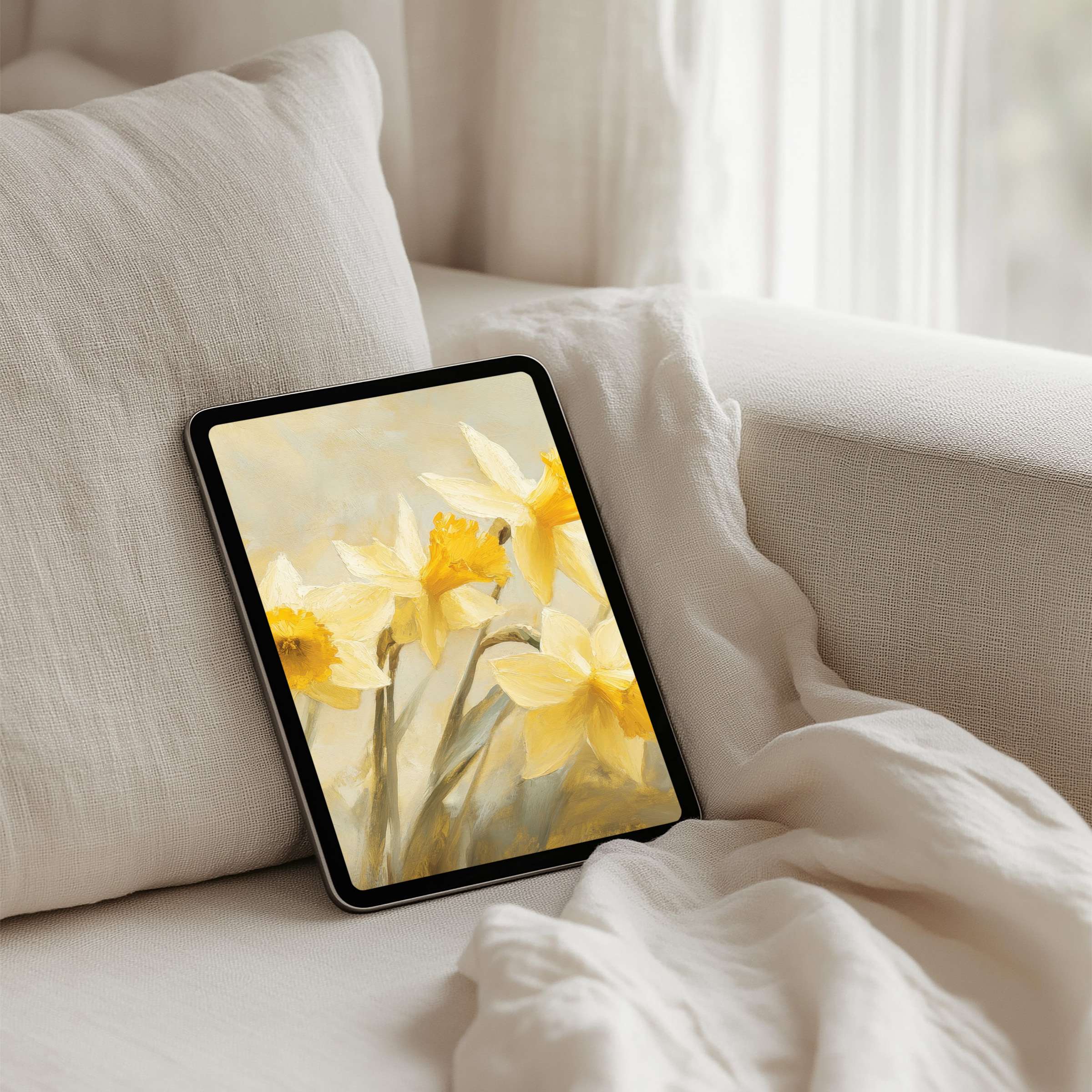 Elegant daffodil-themed iPad background for instant download, enhancing calm and mindfulness on your Samsung or Android tablet