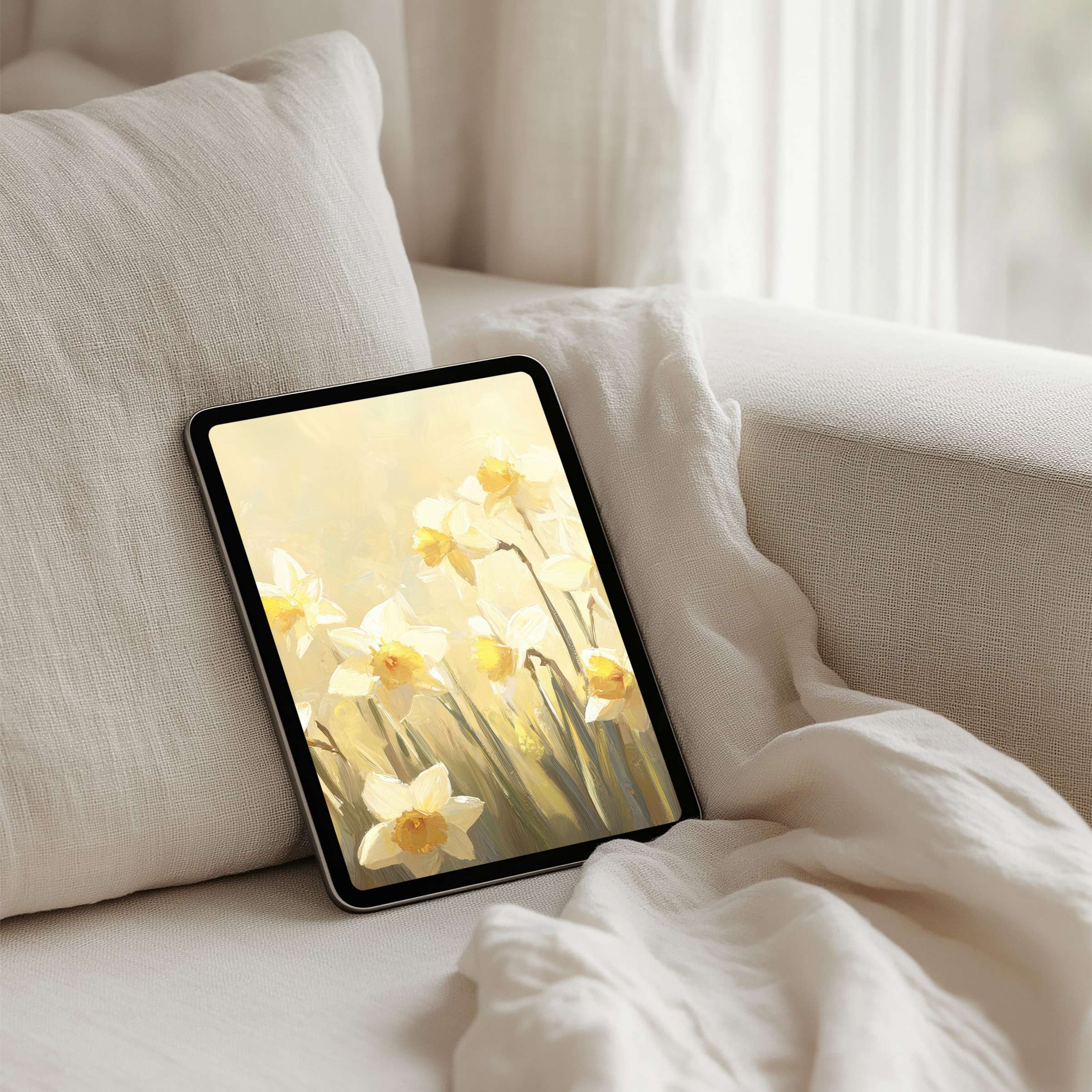 Elegant iPad background featuring serene yellow daffodils offers instant download for tablet users seeking calm and mindful inspiration