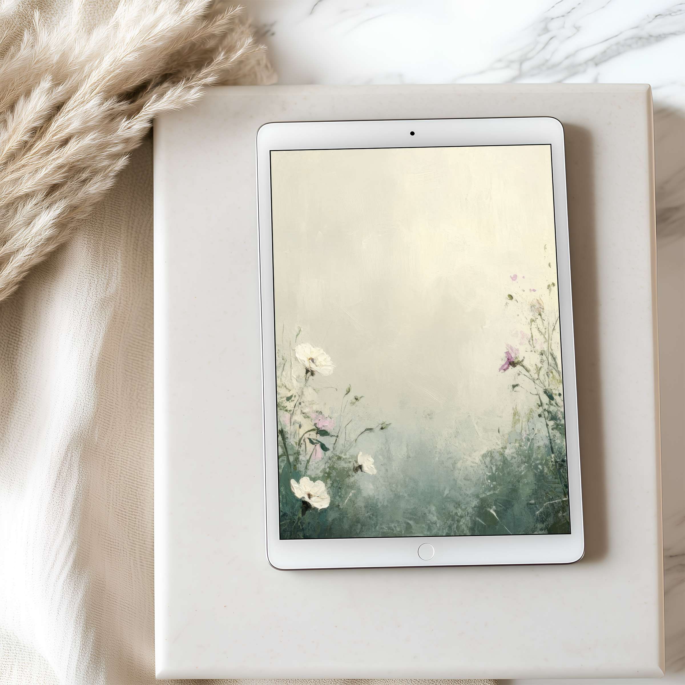Elegant floral digital art in pastel hues enhances tablet wallpaper, offering calm for iPad and Android, ready for high-resolution download