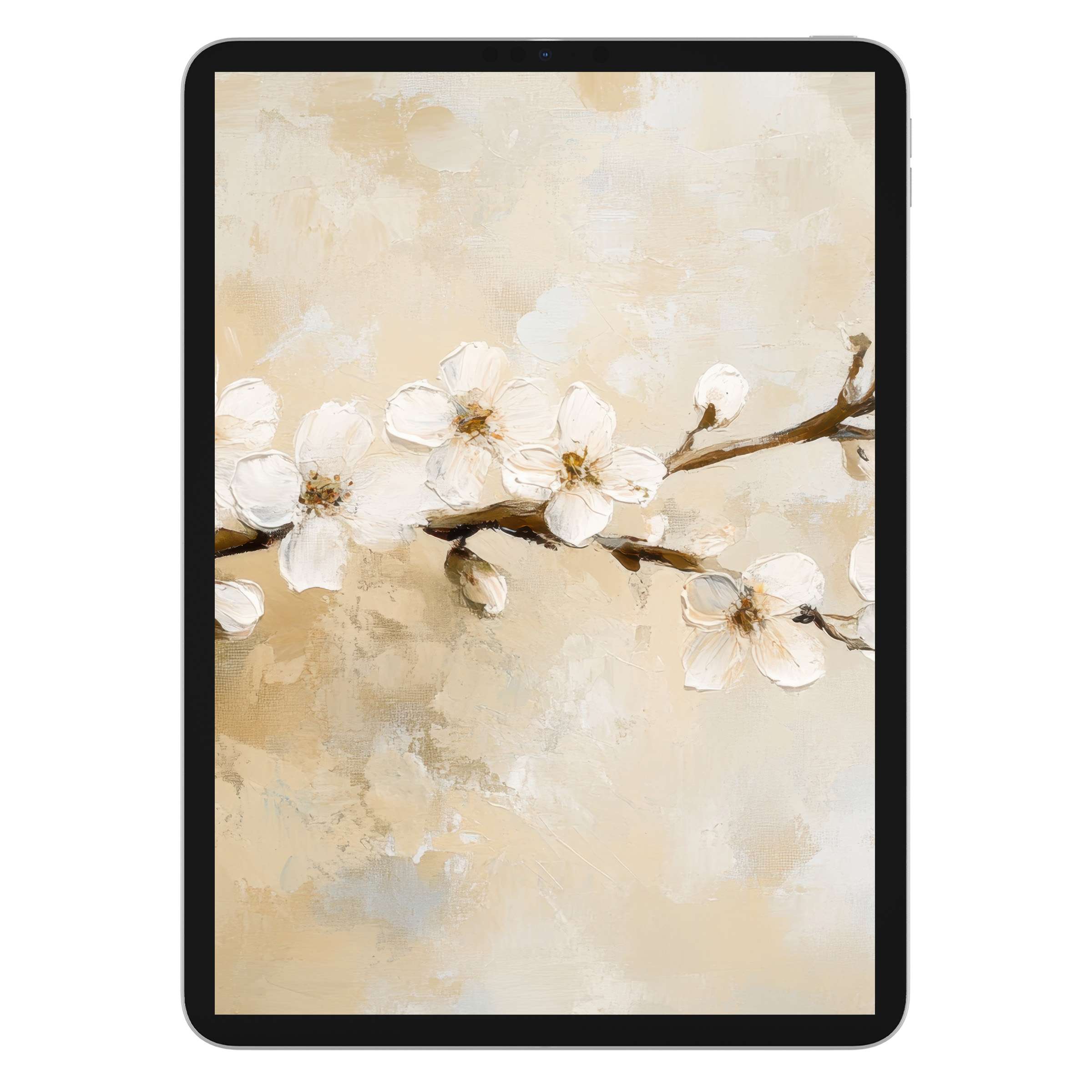 Elegant spring iPad wallpaper featuring delicate white blossoms on a textured beige background, ideal digital download for tablets