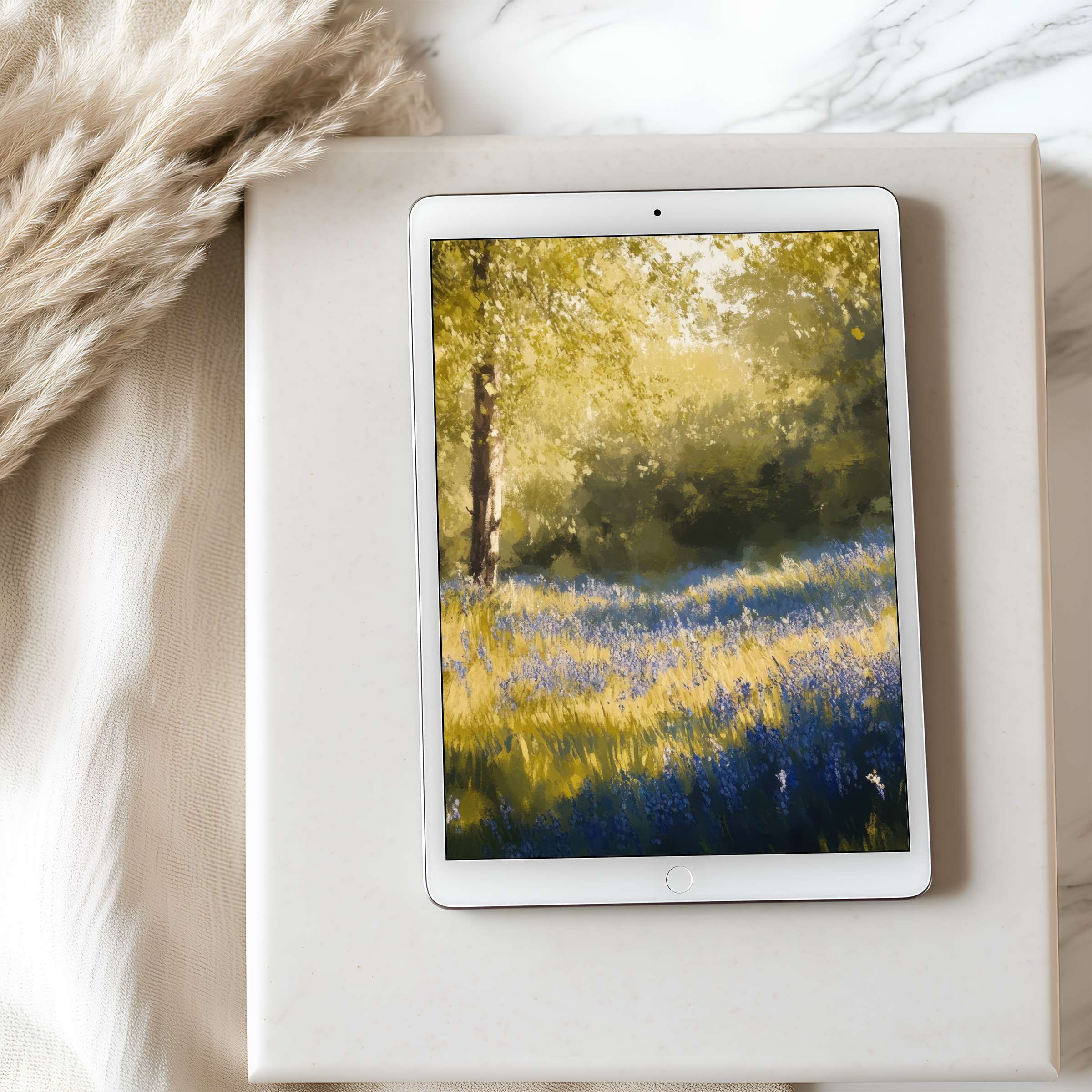Elegant tablet wallpaper showcasing a serene landscape in high resolution, featuring a dreamy meadow and sunlight, perfect for digital download