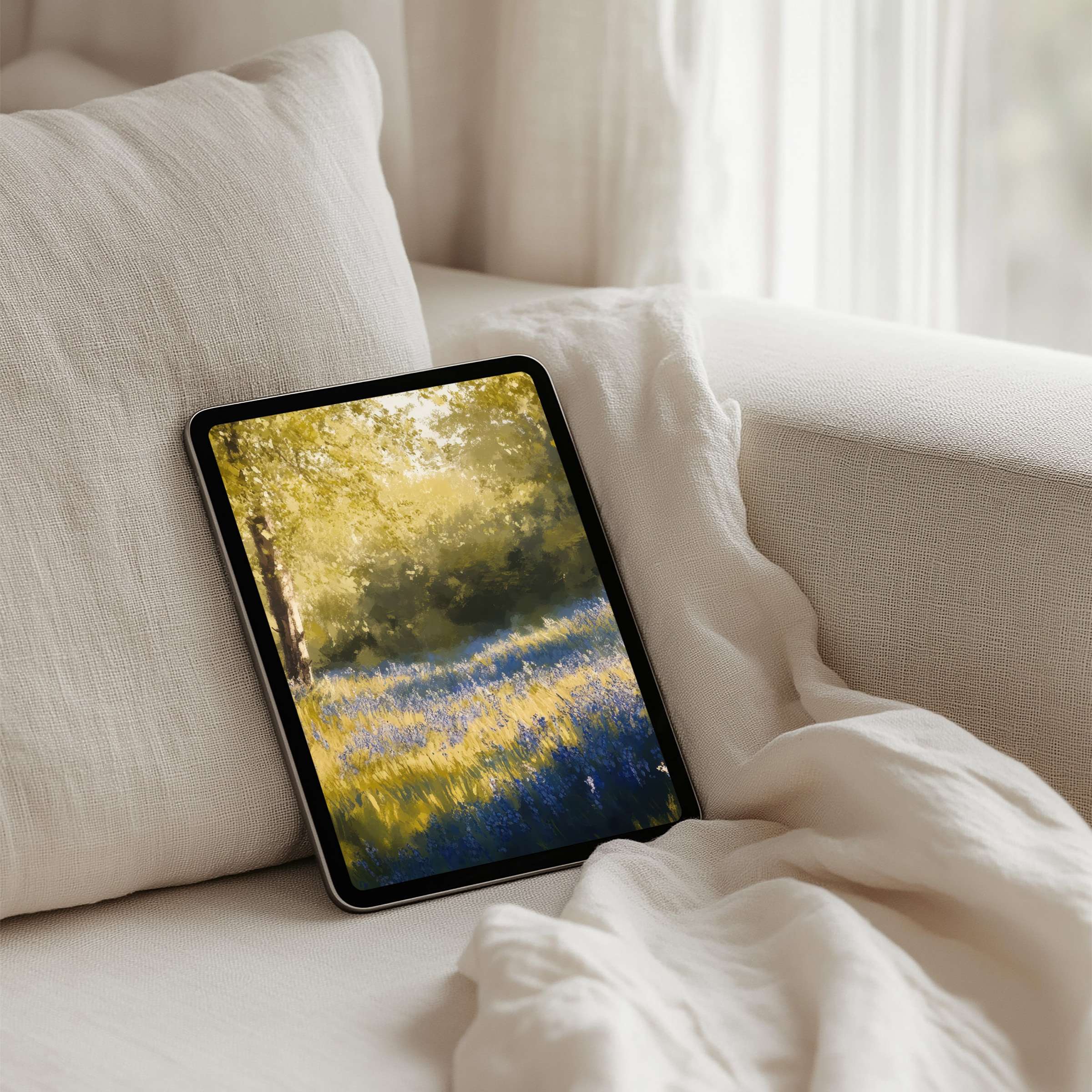 Elegant iPad background with calming meadow scene in soft pastels for instant download fits most tablets inspiring mindfulness