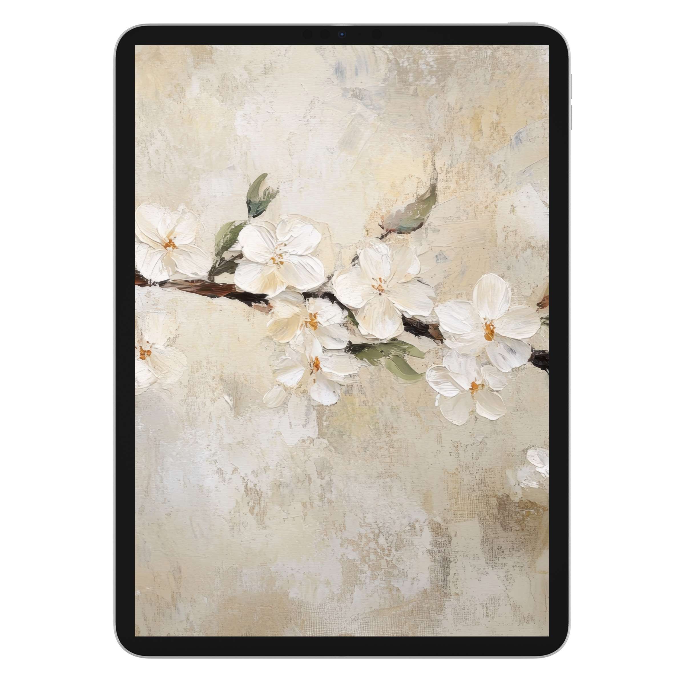 Elegant spring iPad wallpaper featuring delicate white blossoms on a textured canvas, a digital download enhancing tablet backgrounds