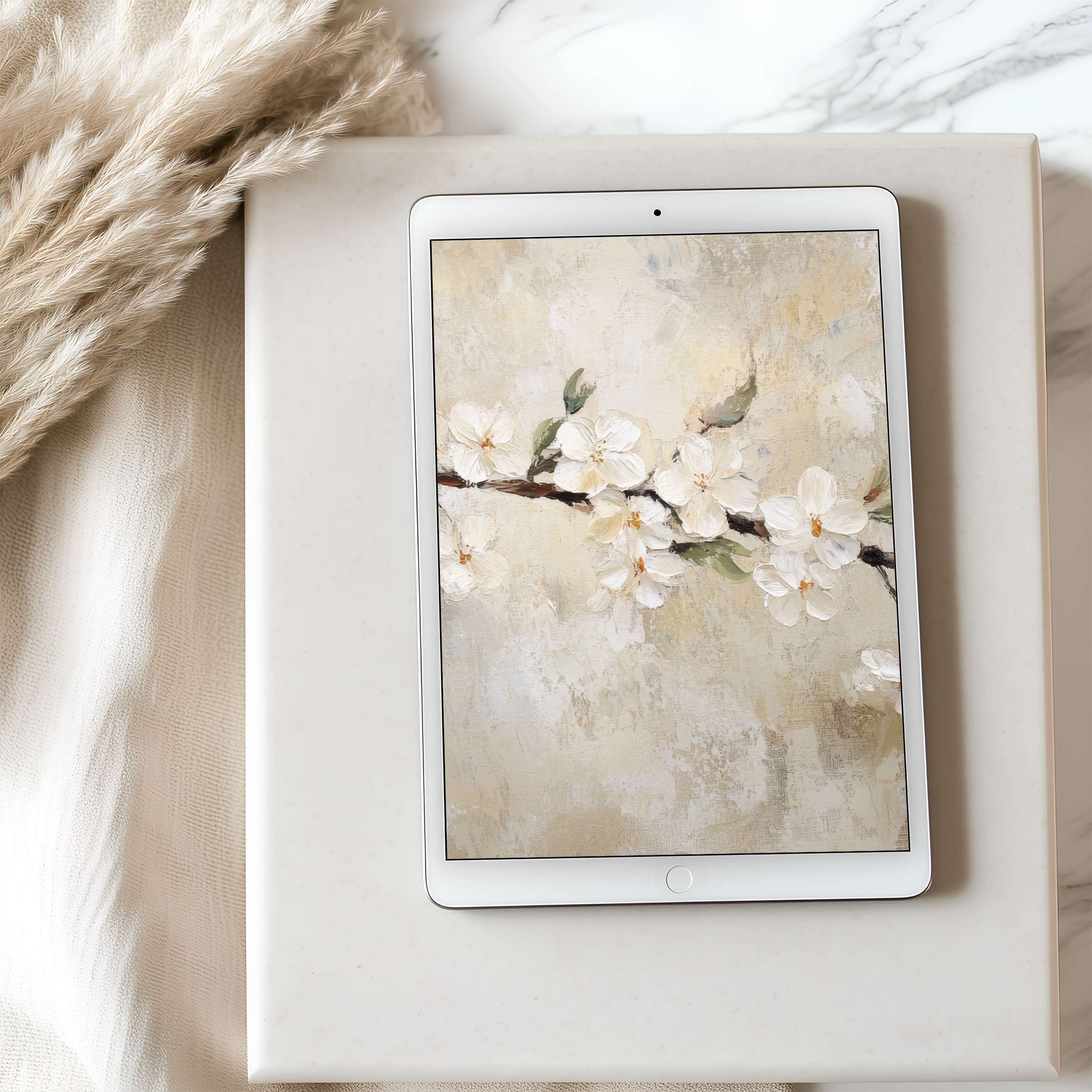 Elegant tablet wallpaper with delicate white blossoms on a textured background, perfect for high resolution iPad and digital downloads