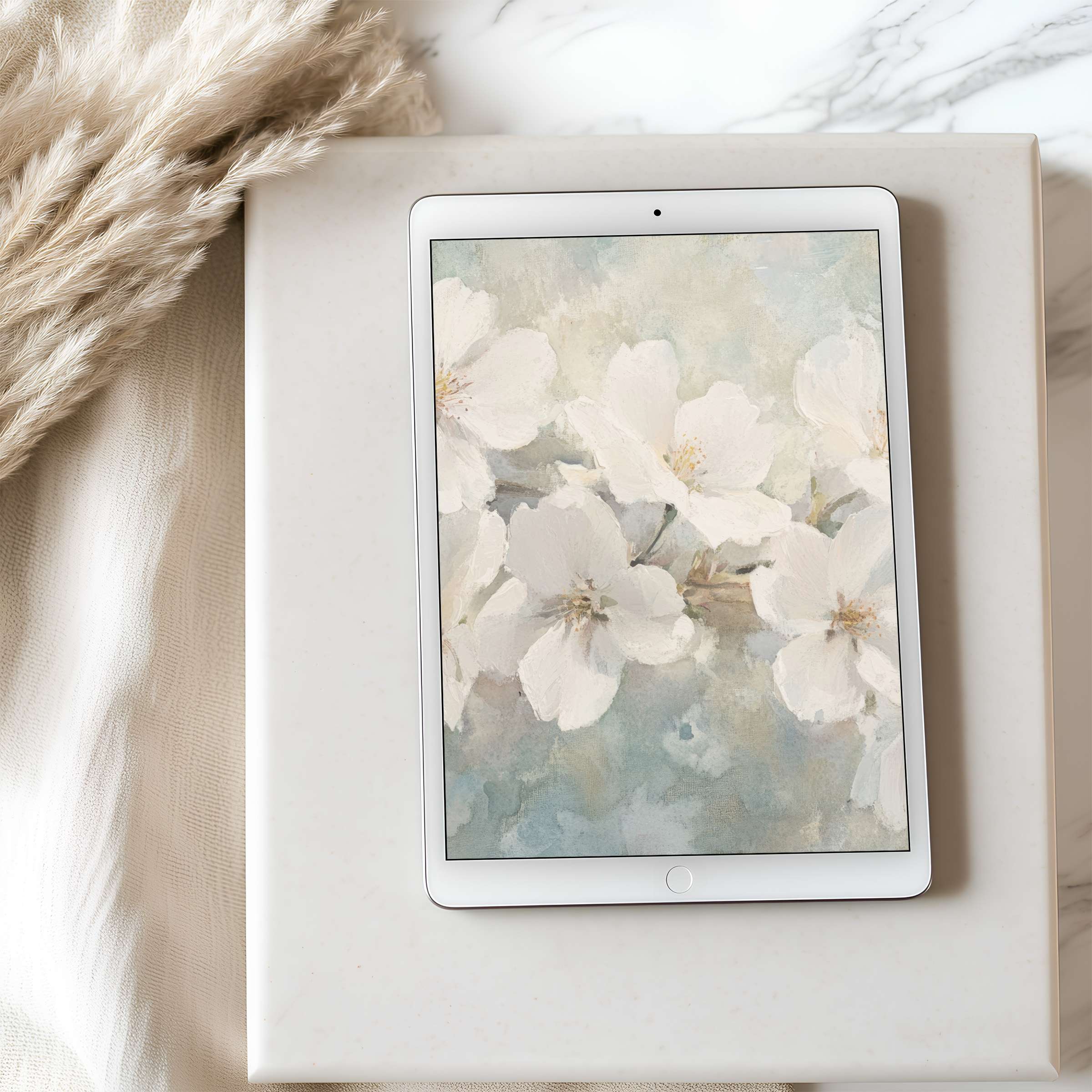 Elegant floral tablet wallpaper with soft white blossoms, perfect for high resolution iPad and Android tablets, offering calming digital downloads
