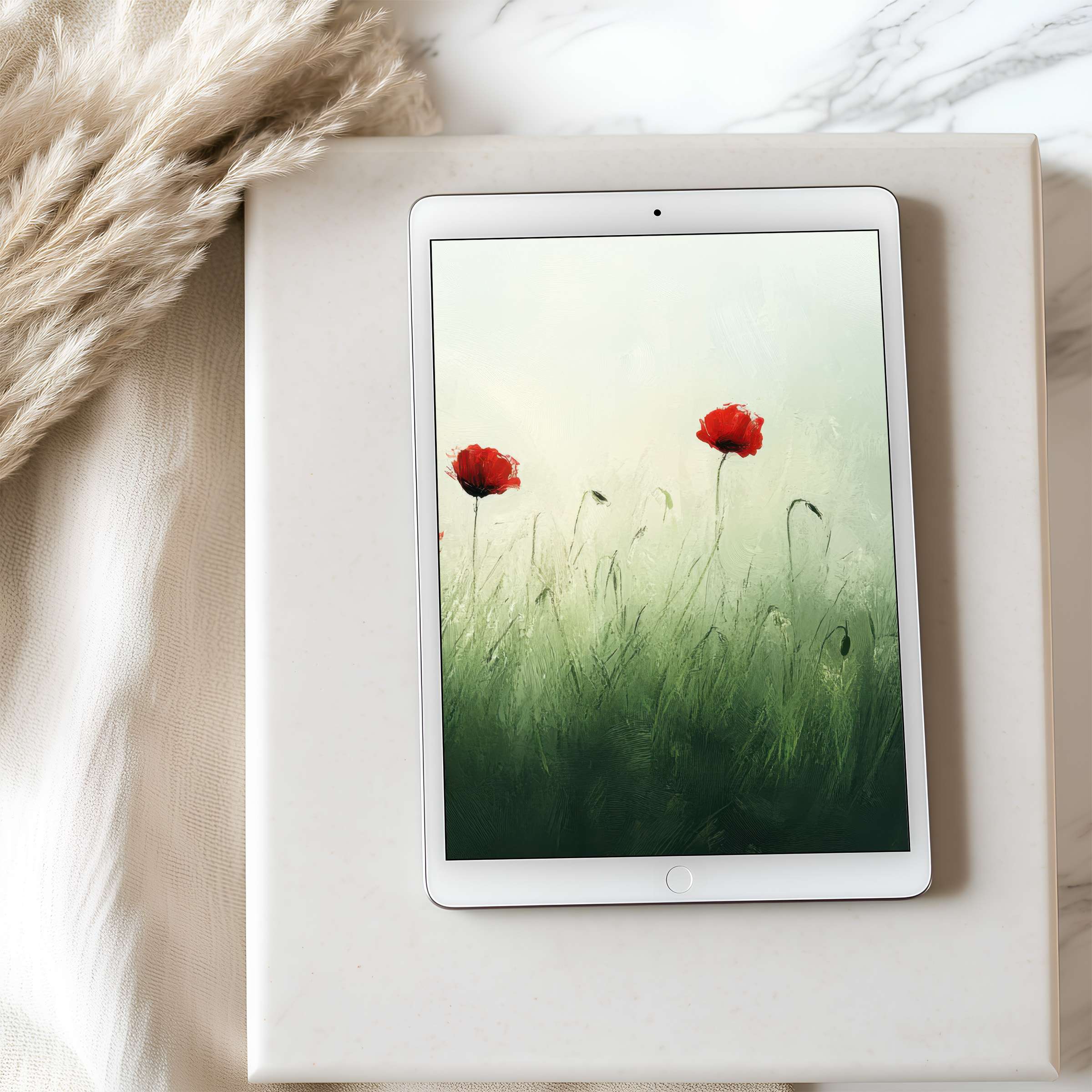 Elegant red poppies on a high-resolution tablet wallpaper evoke calm in a minimalist interior, perfect for iPad and Android downloads
