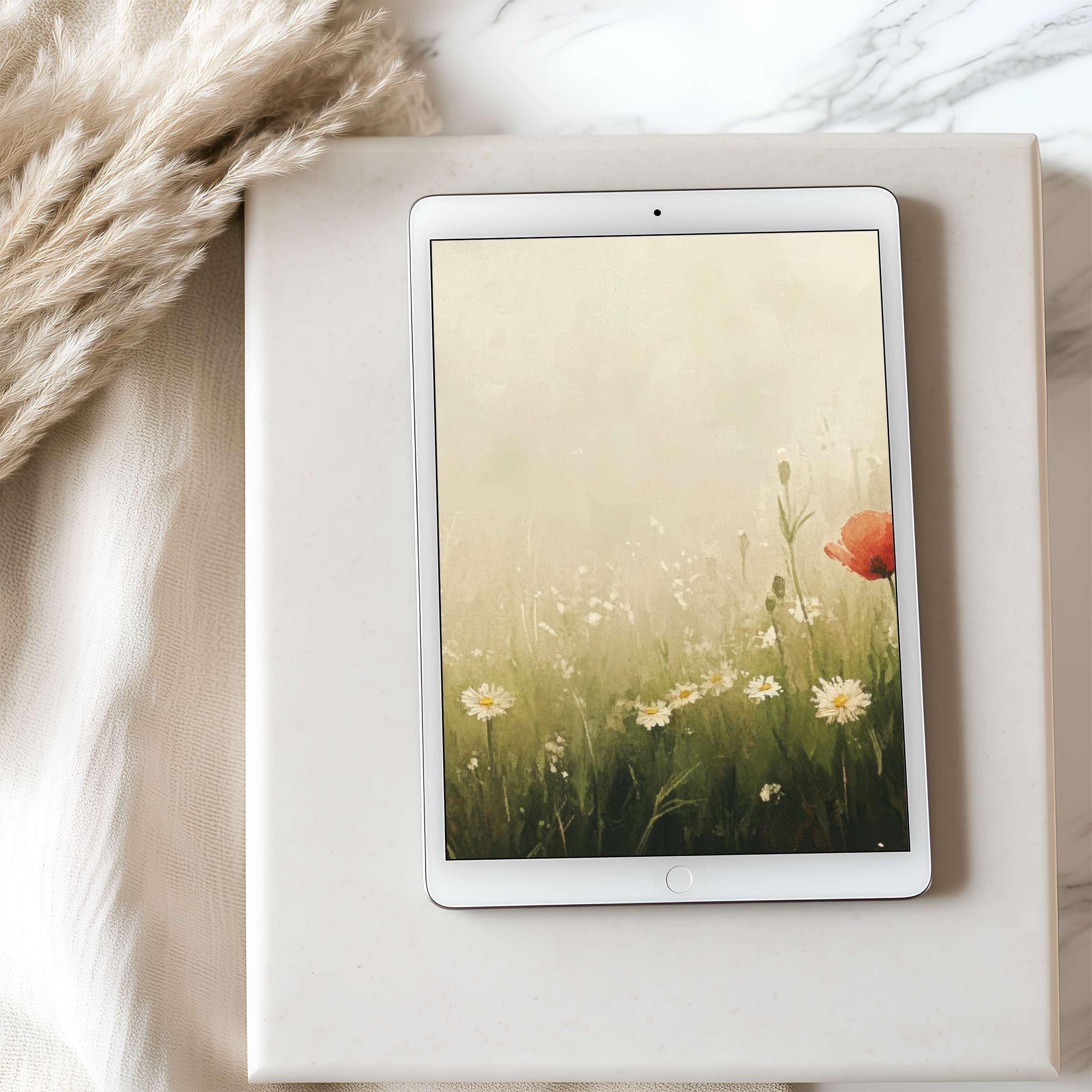Elegant tablet wallpaper featuring a serene meadow with wildflowers, perfect high-resolution digital download for iPad or Android tablets