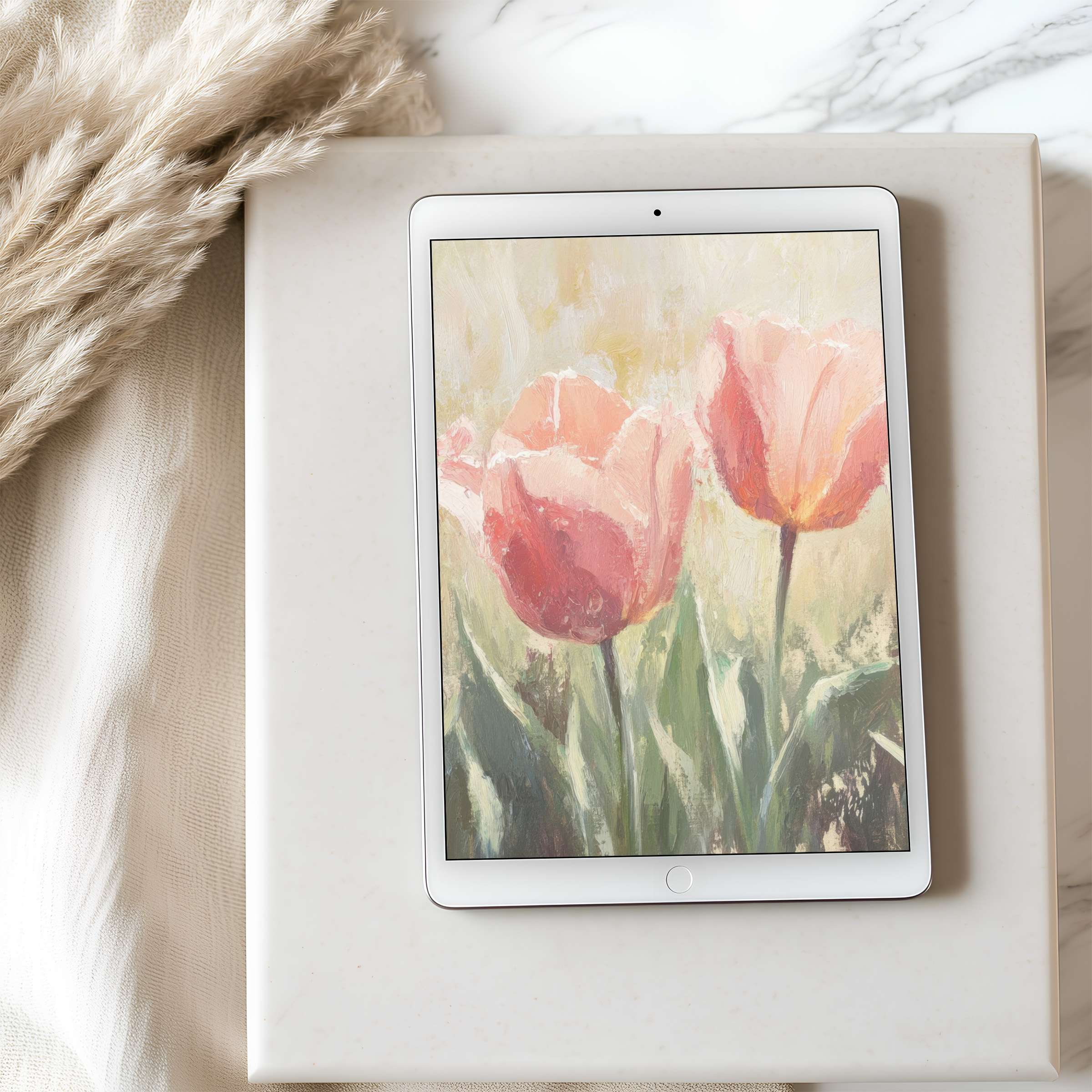 Elegant pink tulip painting on tablet wallpaper creates a serene, high-resolution ambiance perfect for iPad or Android tablets downloading
